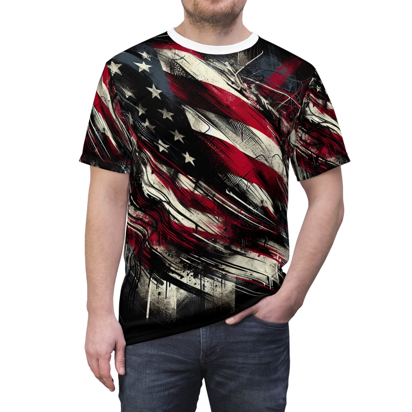 Edgy Americana Grunge Streetwear T-Shirt: Weathered USA Flag Design with Urban Graffiti Elements, Stylish Resilience - Patriotic Streetwear Tee