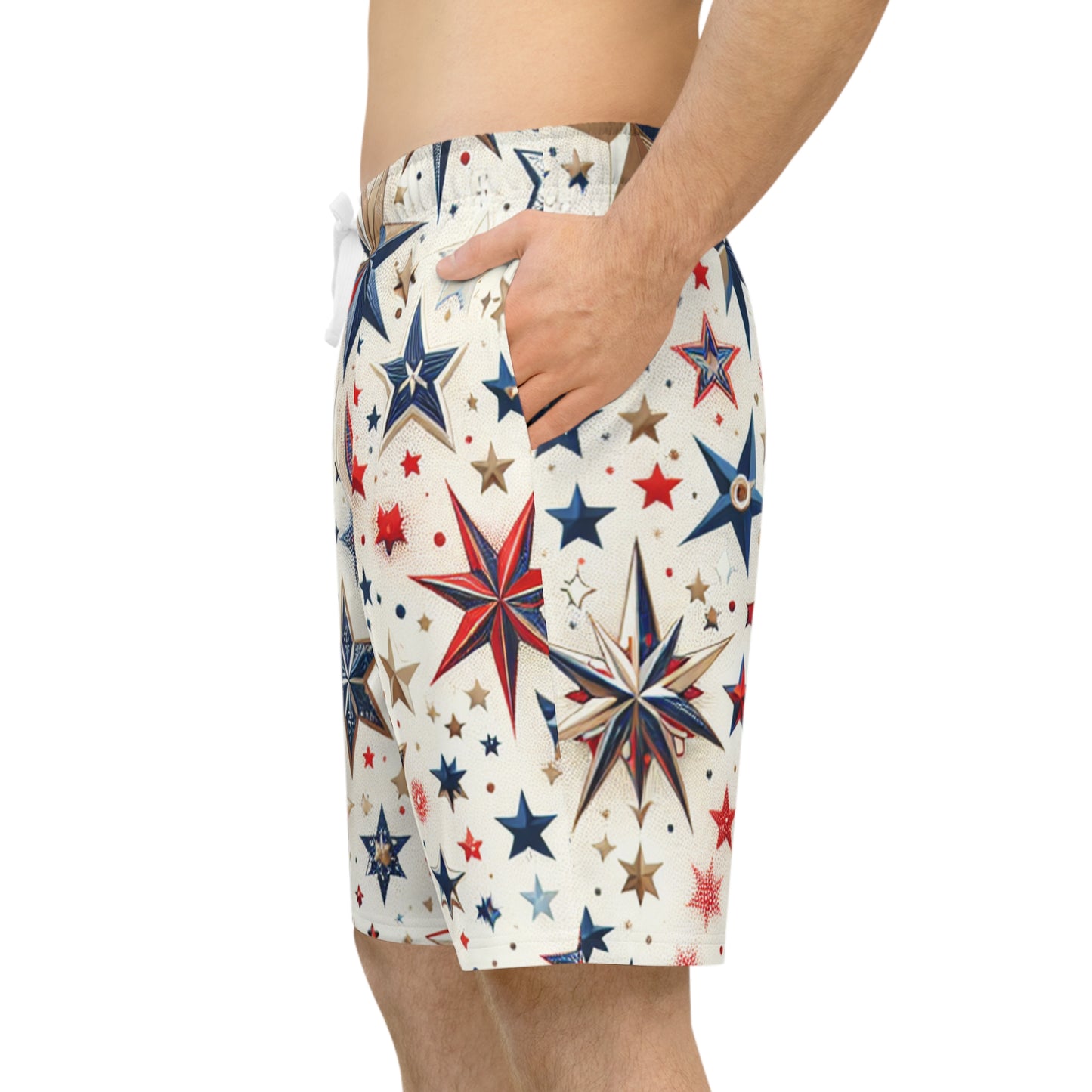 Star-Spangled Festive Shorts - Patriotic Red, Blue, Gold Star Prints on White, Perfect for Independence Day Celebrations - Patriotic Streetwear Shorts