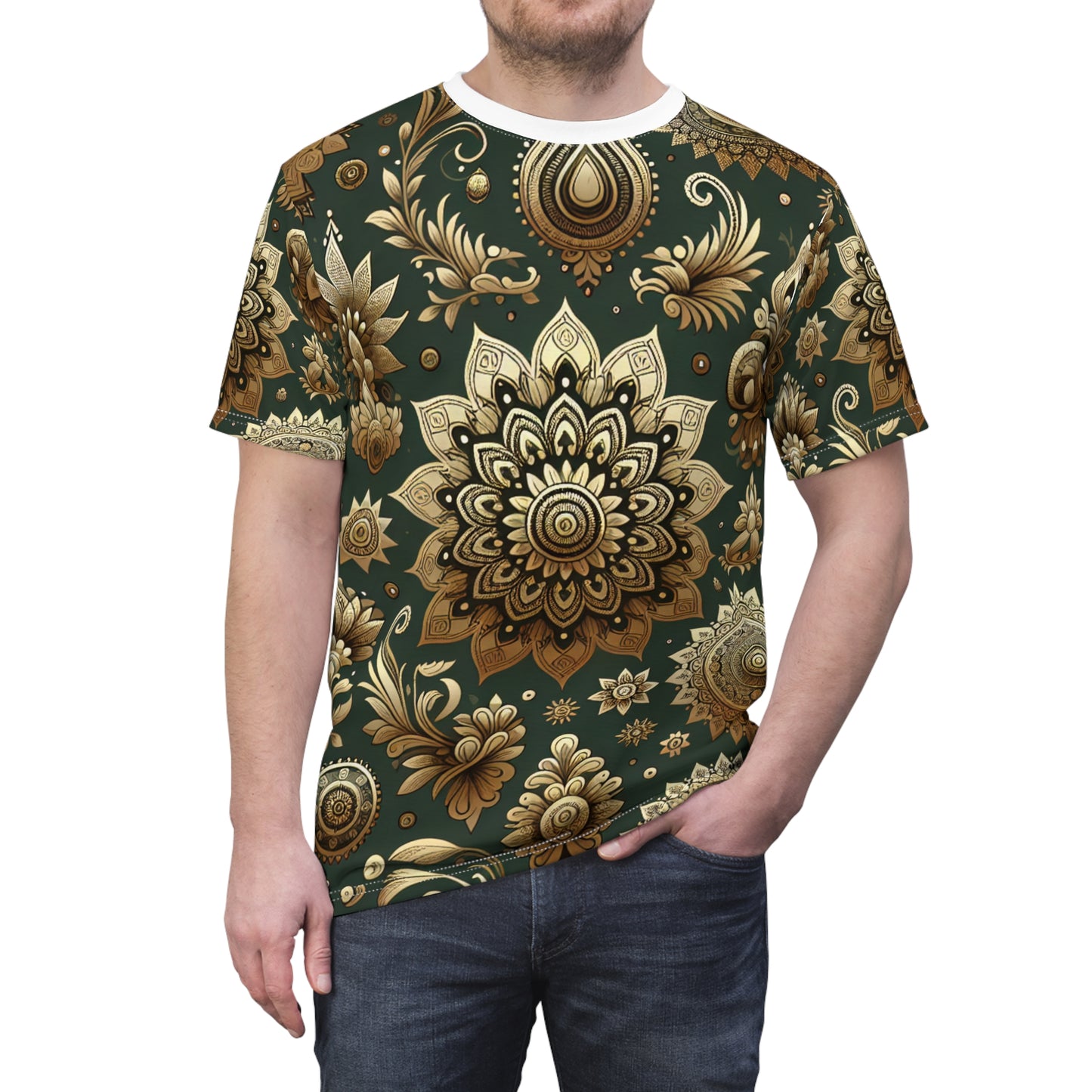 Traditional Indian Motifs Gold & Green Seamless Design T-Shirt - Geometric Floral Fashion with a Modern Minimalist Style - Indian Streetwear