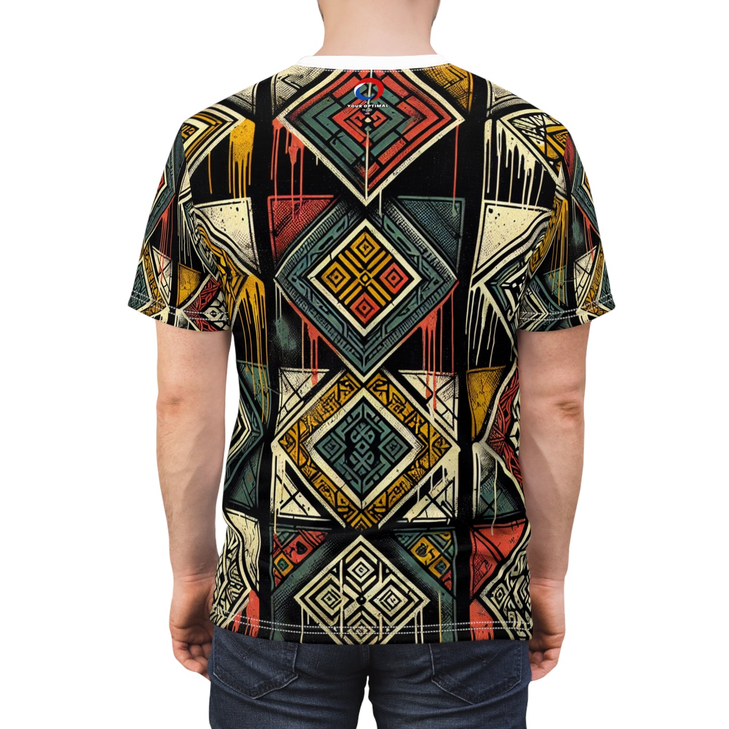 Urban Graffiti Meets Afrocentric Art - Distressed Street-Style T-Shirt with Diamond Geometric-Pattern - African Streetwear