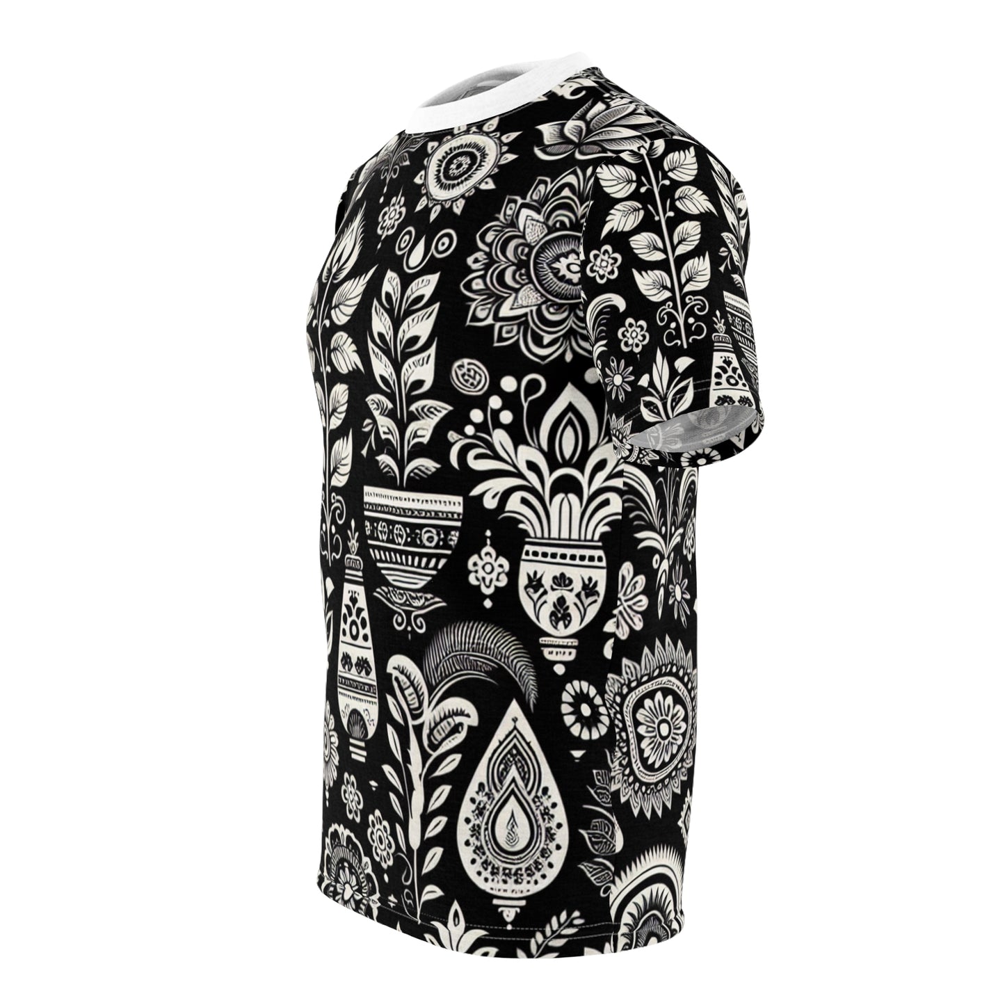 Black and White Indian Heritage Motif Pattern T-Shirt - Seamless, Detailed Floral & Geometric Designs, Modern Aesthetic – Evoke Traditional Indian Culture