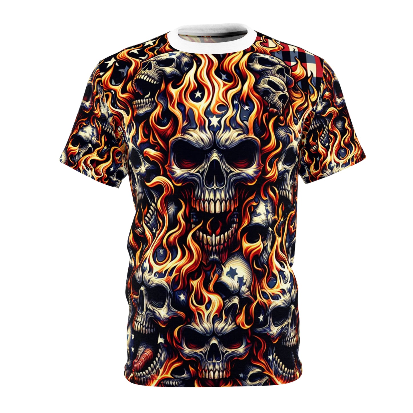 Fiery Patriotic Inferno: Skull-Drenched Tattoo-Style T-Shirt - Dynamic Design Tee