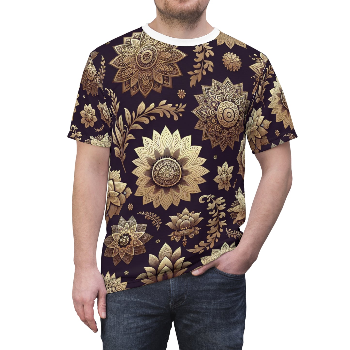 Indian Heritage-Inspired Gold Motifs on Purple Background: Modern, Seamless Pattern T-Shirt with Floral & Geometric Designs