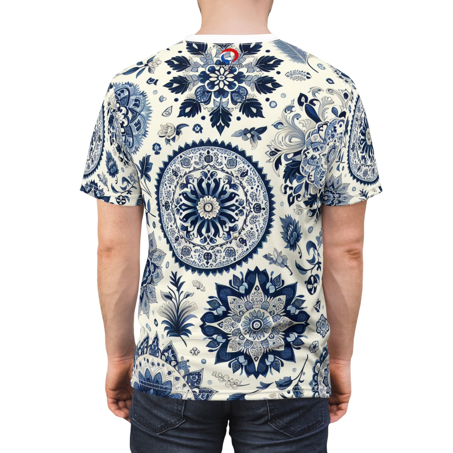 Classic Indian Motif Patterned T-Shirt: Seamless Traditional Design, Intricate Floral & Geometric Shapes in Blue-White Palette - Traditional Indian Motifs Tee