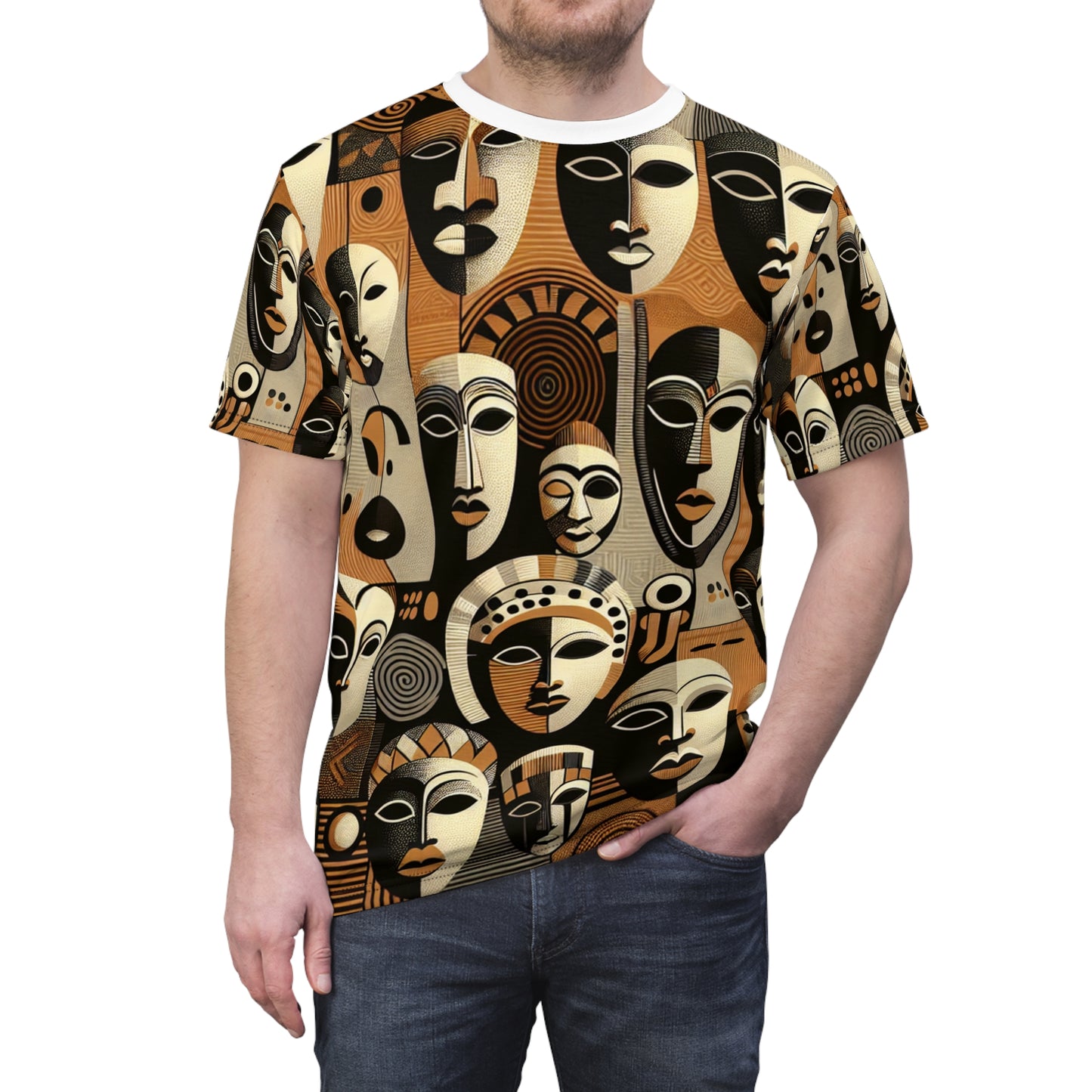 Modern African Heritage Tapestry T-shirt - Contemporary Art Mask Design Tee - African Tribal Pattern-Inspired Apparel