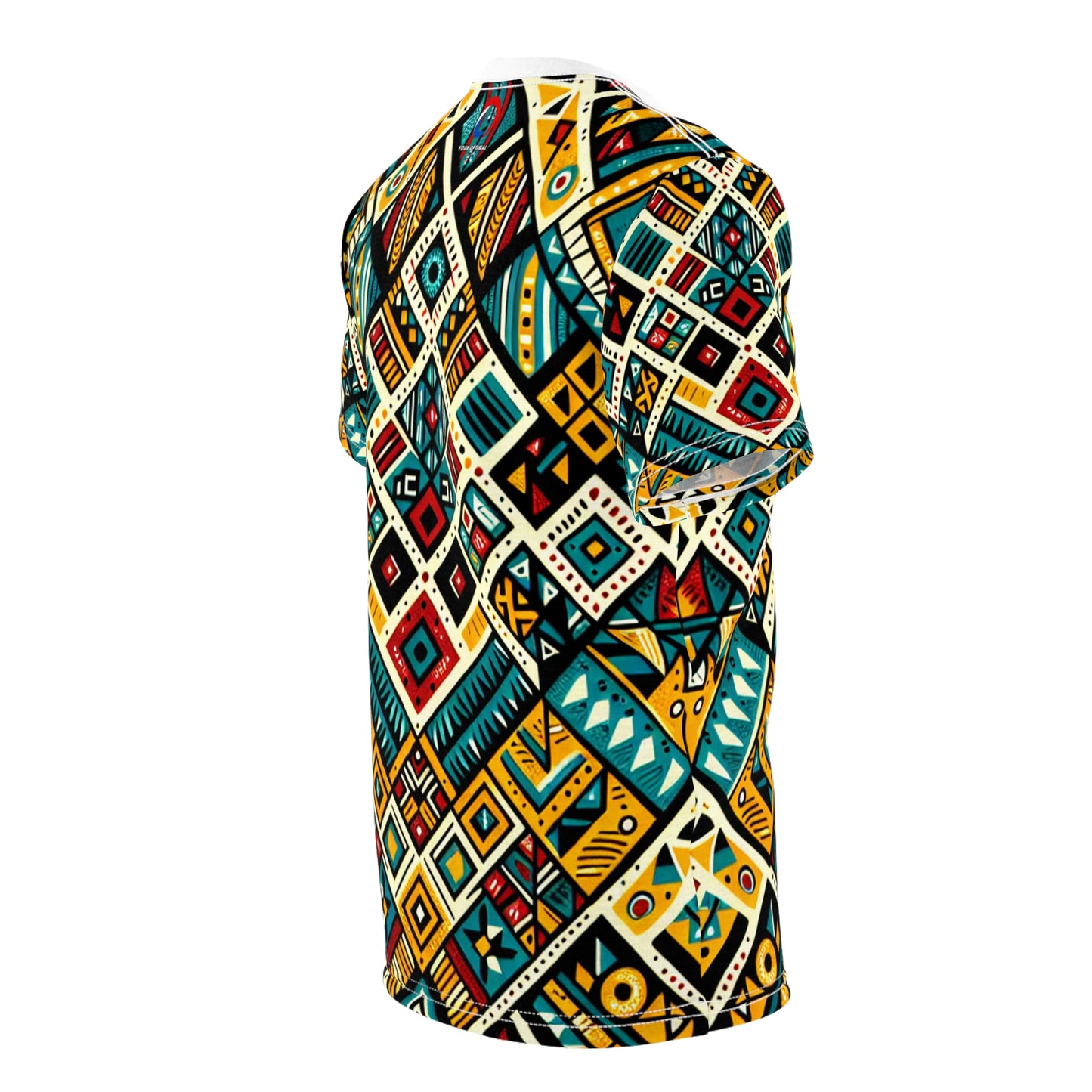 Vibrant African Tribal Diamond Grid T-shirt – Bold Primary Colors Storytelling Artwork - African Tribal Pattern-Inspired Tee