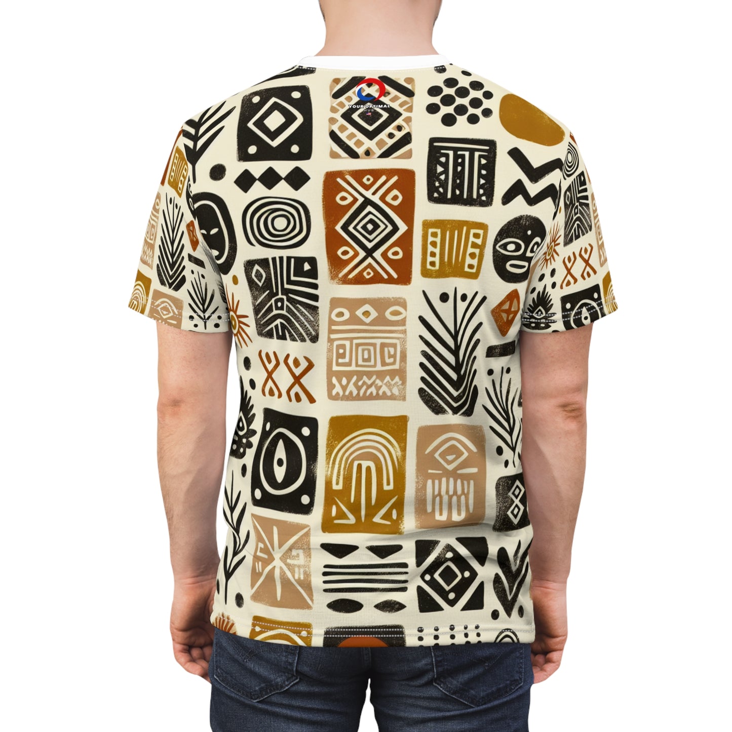 Hand-Stamped African Mud Cloth Inspired Tee, Organic Tribal Motif, Earthy-Tone Palette - African Tribal Pattern-Inspired