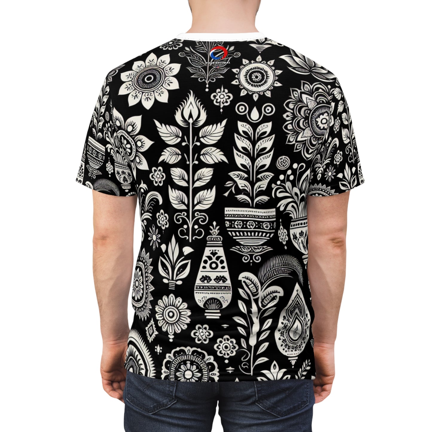 Black and White Indian Heritage Motif Pattern T-Shirt - Seamless, Detailed Floral & Geometric Designs, Modern Aesthetic – Evoke Traditional Indian Culture