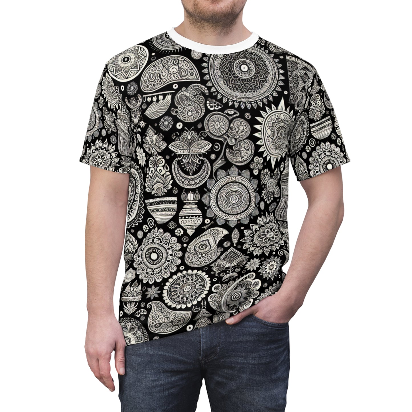 Black & White Indian Heritage Motif T-shirt - Intricate Traditional Designs with Modern Minimalist Aesthetic - Traditional Indian Motifs Tee