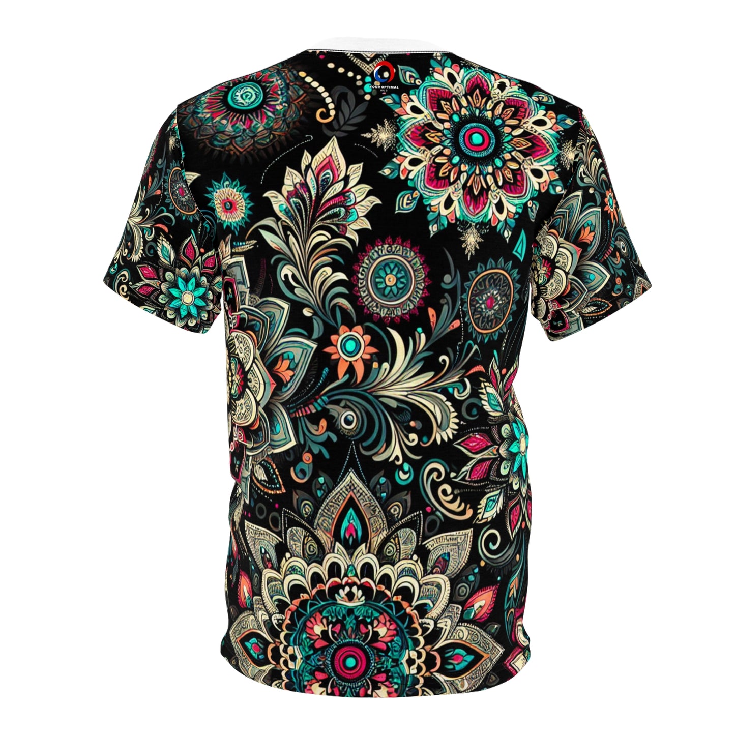 UV Reactive Traditional Indian Motifs T-Shirt - Scattered Radiating Bioluminescent Print on Black Background