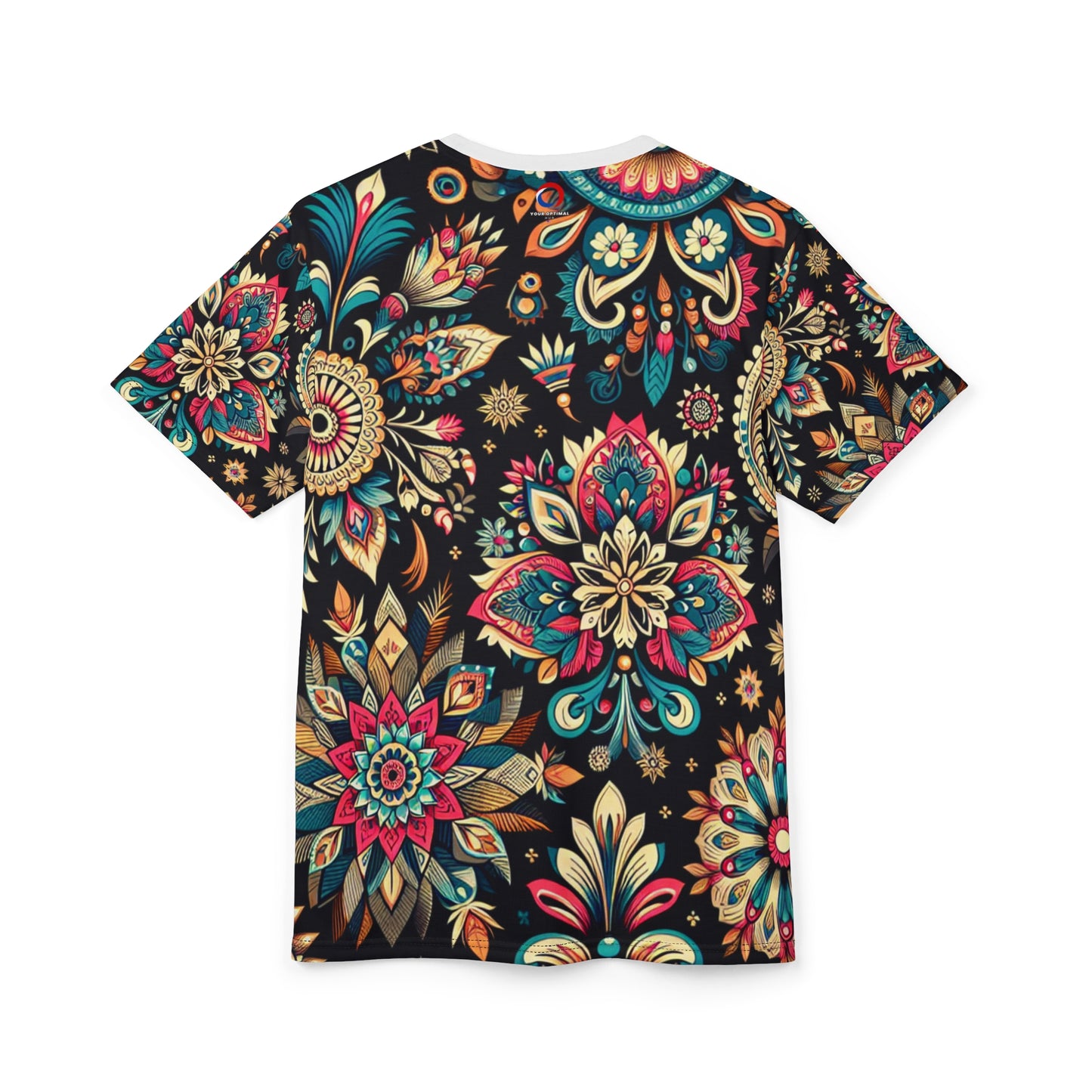 UV Reactive Boho-Chic T-Shirt with Intricate Neon Indian Motifs on Black Background - Scattered Geometric Floral Design