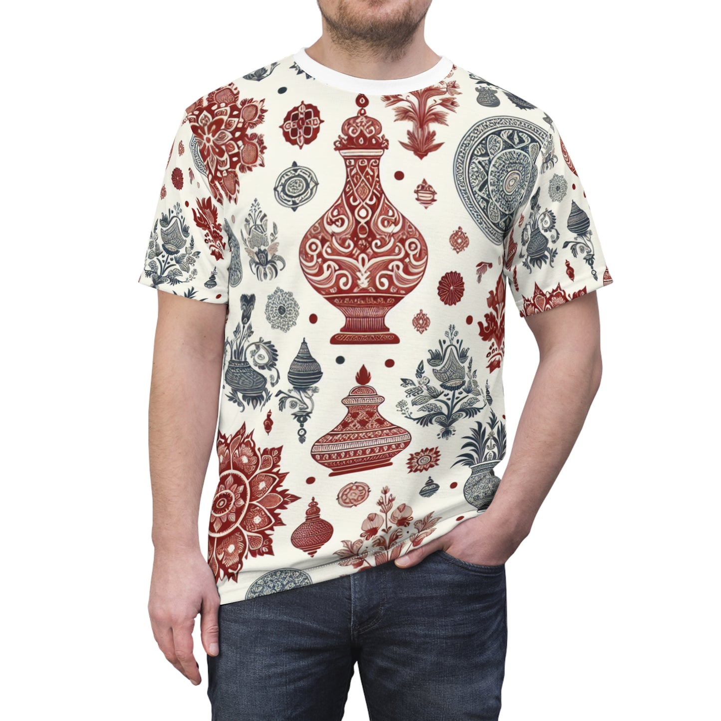 Classic Red and White Indian Motif Seamless Pattern T-Shirt - Contemporary Design with Traditional Floral and Geometric Shapes - Traditional Indian Motifs Tee