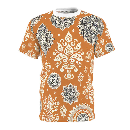 Traditional Indian Motif Print T-Shirt - Luxury Floral & Geometric Seamless Pattern - White on Orange - Modern Ethnic Décor Design Style