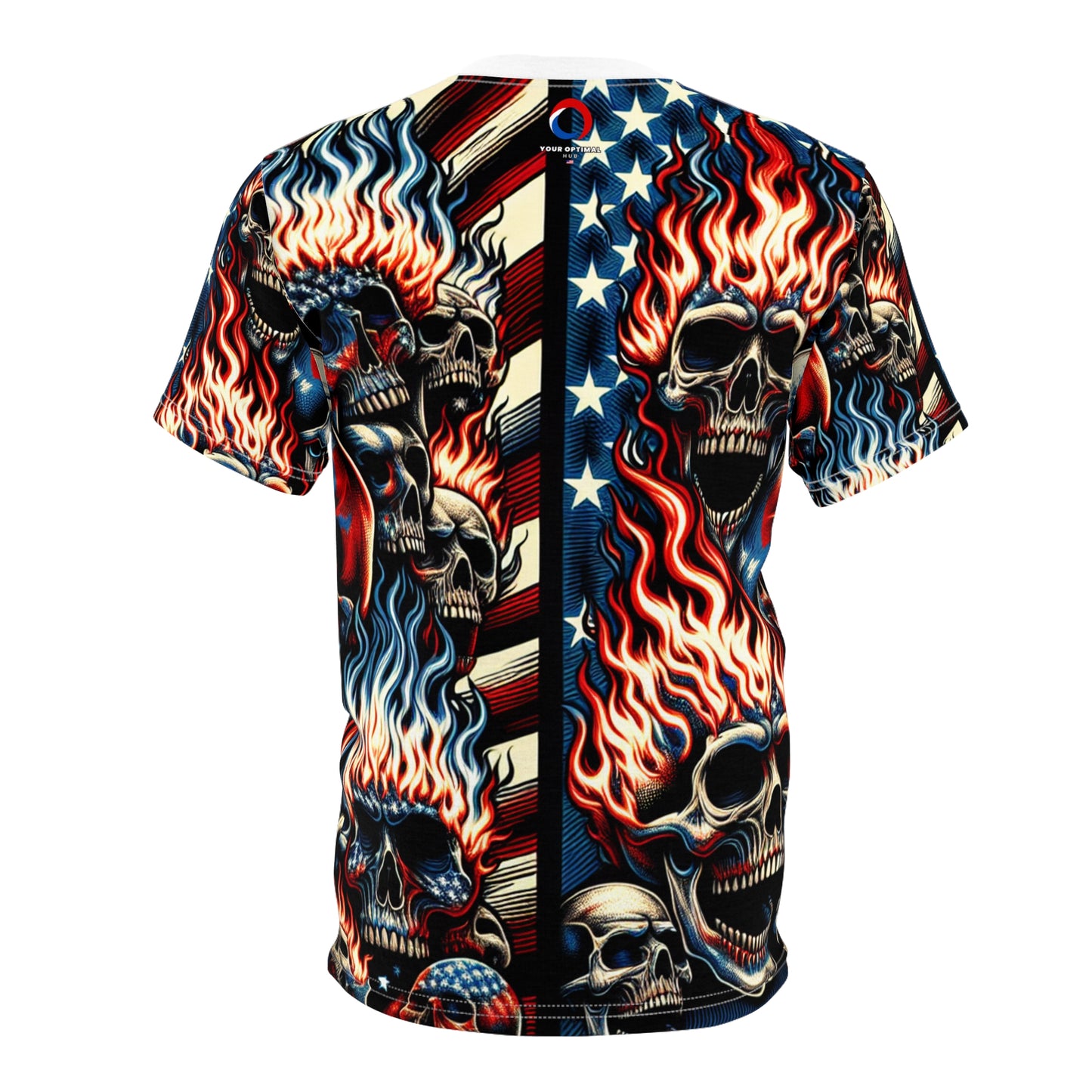 Fiery Patriotic Skulls: Intense & Menacing Tattoo-Style T-Shirt - Patriotic Streetwear Tee