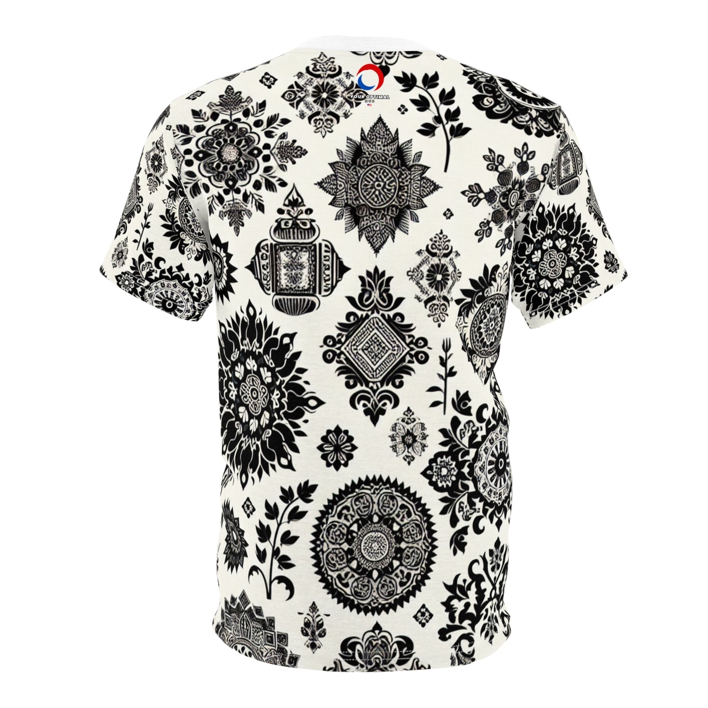 Traditional Indian Motifs Collection: Black & White Geometric & Floral Seamless Patterned T-Shirt - Intricately Crafted with Modern Minimal Aesthetic