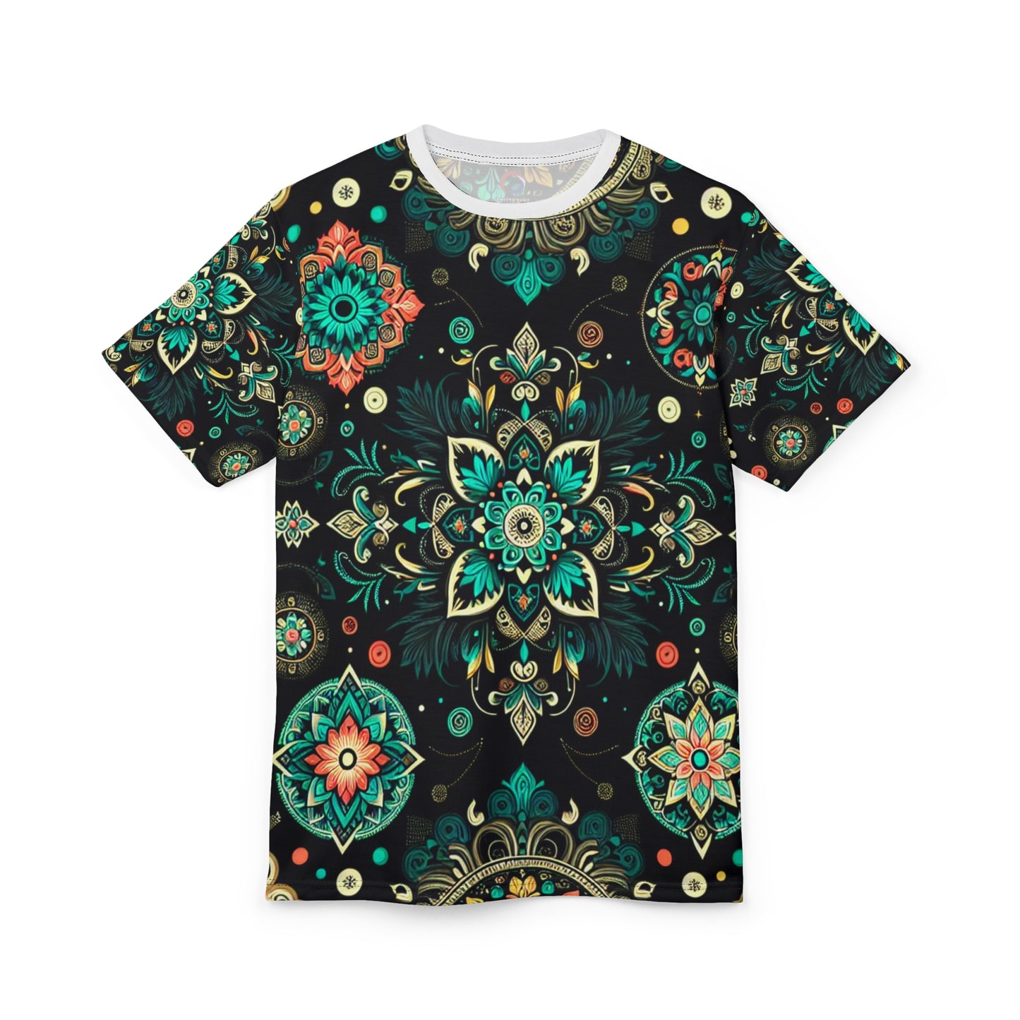 Neon UV Indian Motif Tee – Bioluminescent Floral & Geometric Glow Pattern on Black Shirt
