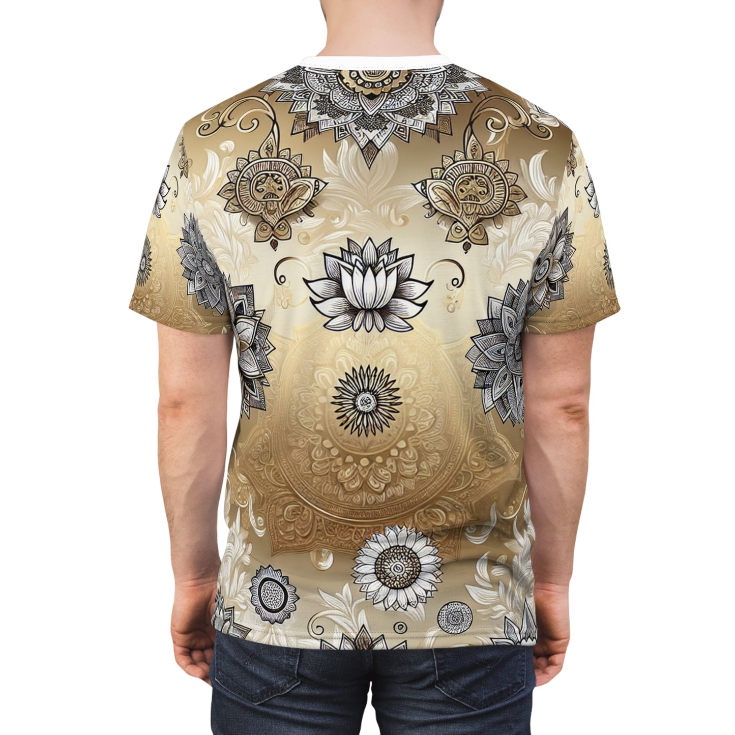 Golden Heritage T-Shirt: A Seamless Fusion of Traditional Indian Motifs in Reflective Gold and White