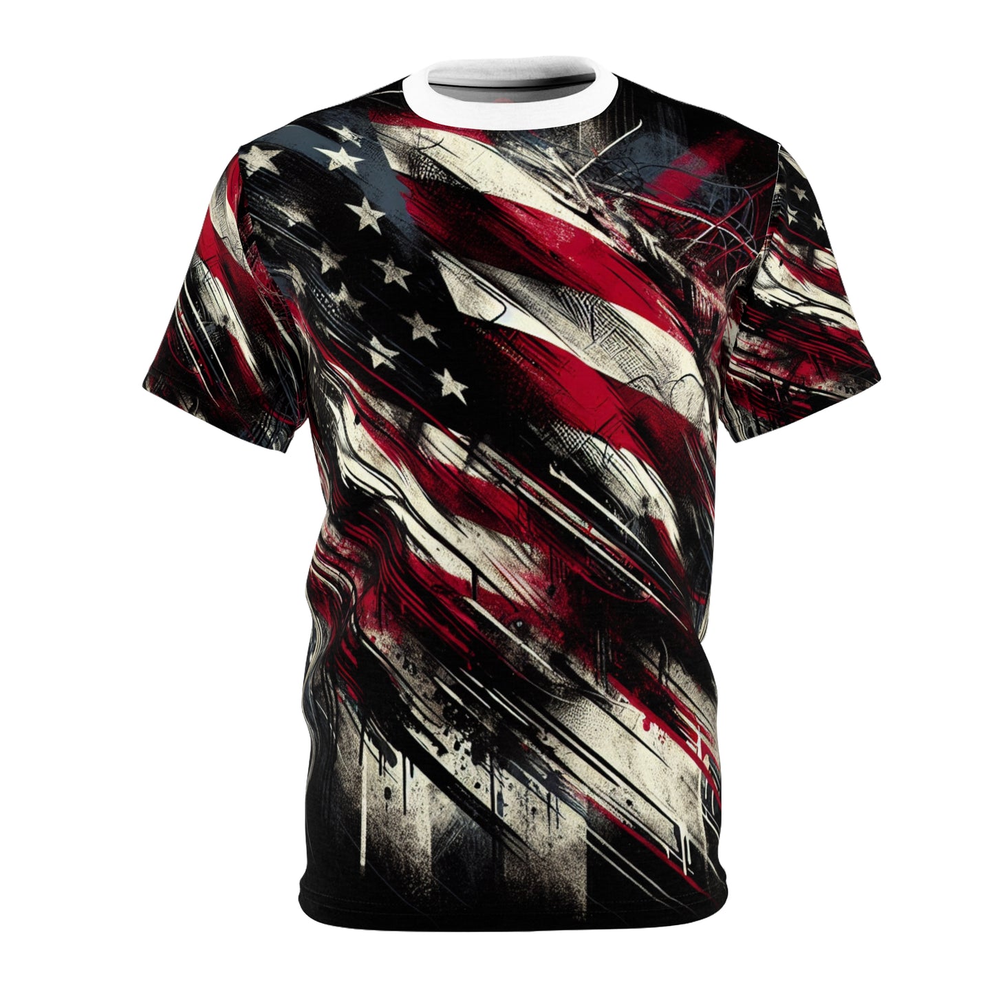 Edgy Americana Grunge Streetwear T-Shirt: Weathered USA Flag Design with Urban Graffiti Elements, Stylish Resilience - Patriotic Streetwear Tee