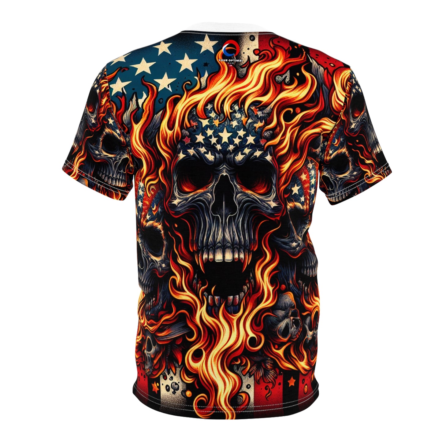 Fiery Patriotic Inferno: Skulls Unleashed in Bold American Glory T-shirt - Patriotic Streetwear Tee