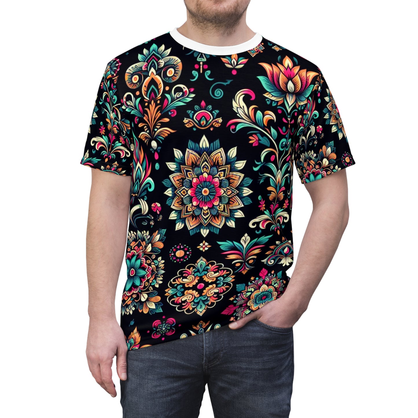 UV-Reactive Bioluminescent Bohemian T-Shirt featuring Scattered Neon Indian Motifs on Black Background