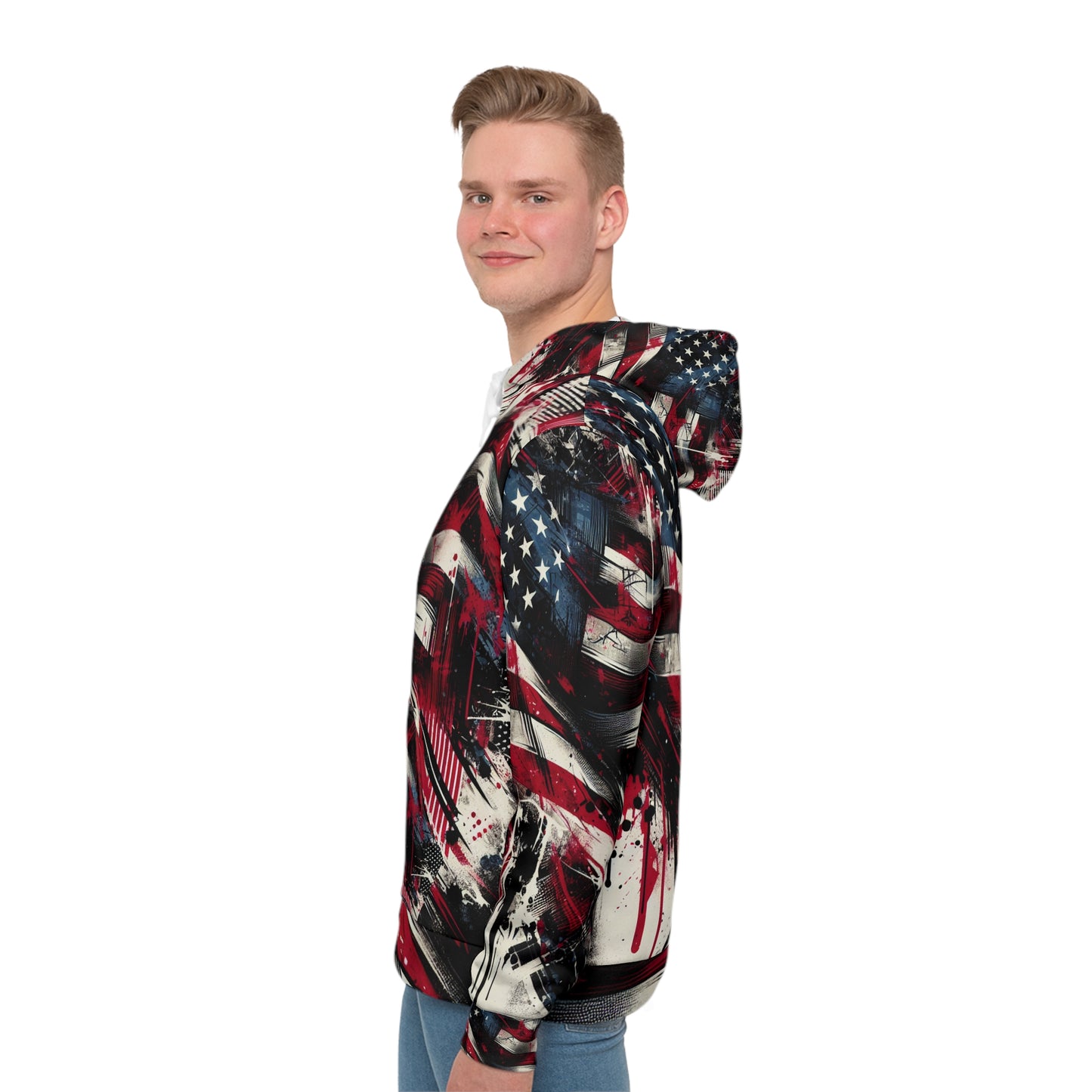 Grunge American Flag Streetwear Hoodie with Intense Graffiti Art - Weathered Stars and Stripes Splatter Design - Patriotic Streetwear