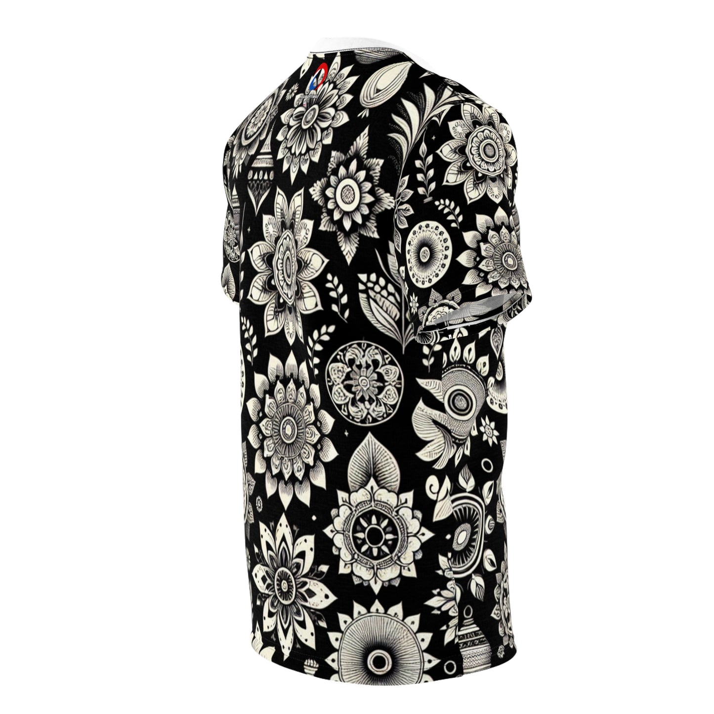 Indian Heritage Motif Collection: Intricate Floral & Geometric Designs on a Monochrome Black & White Seamless Pattern T-Shirt