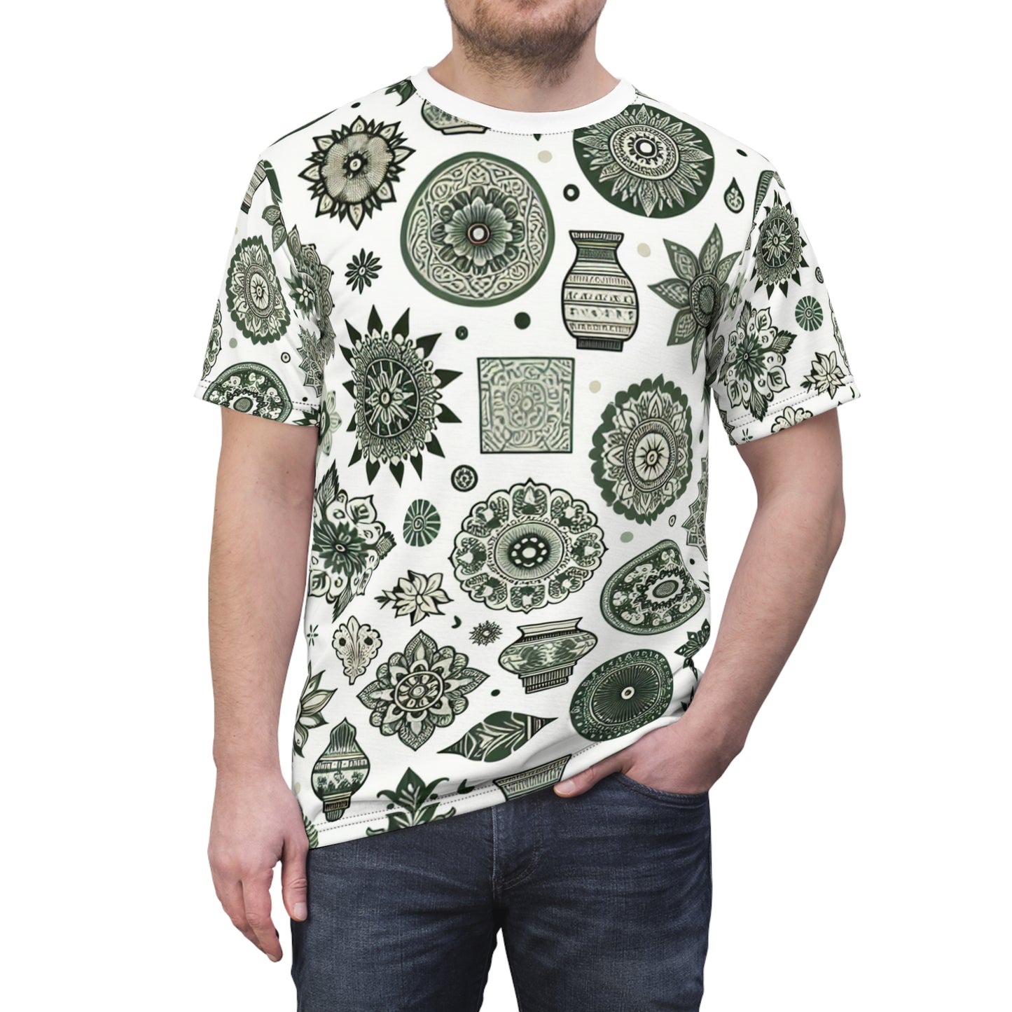 Green Floral-Geometric Indian Motifs: Traditional Seamless Design T-Shirt - Classic Aesthetics, Modern Design - Traditional Indian Motifs Tee