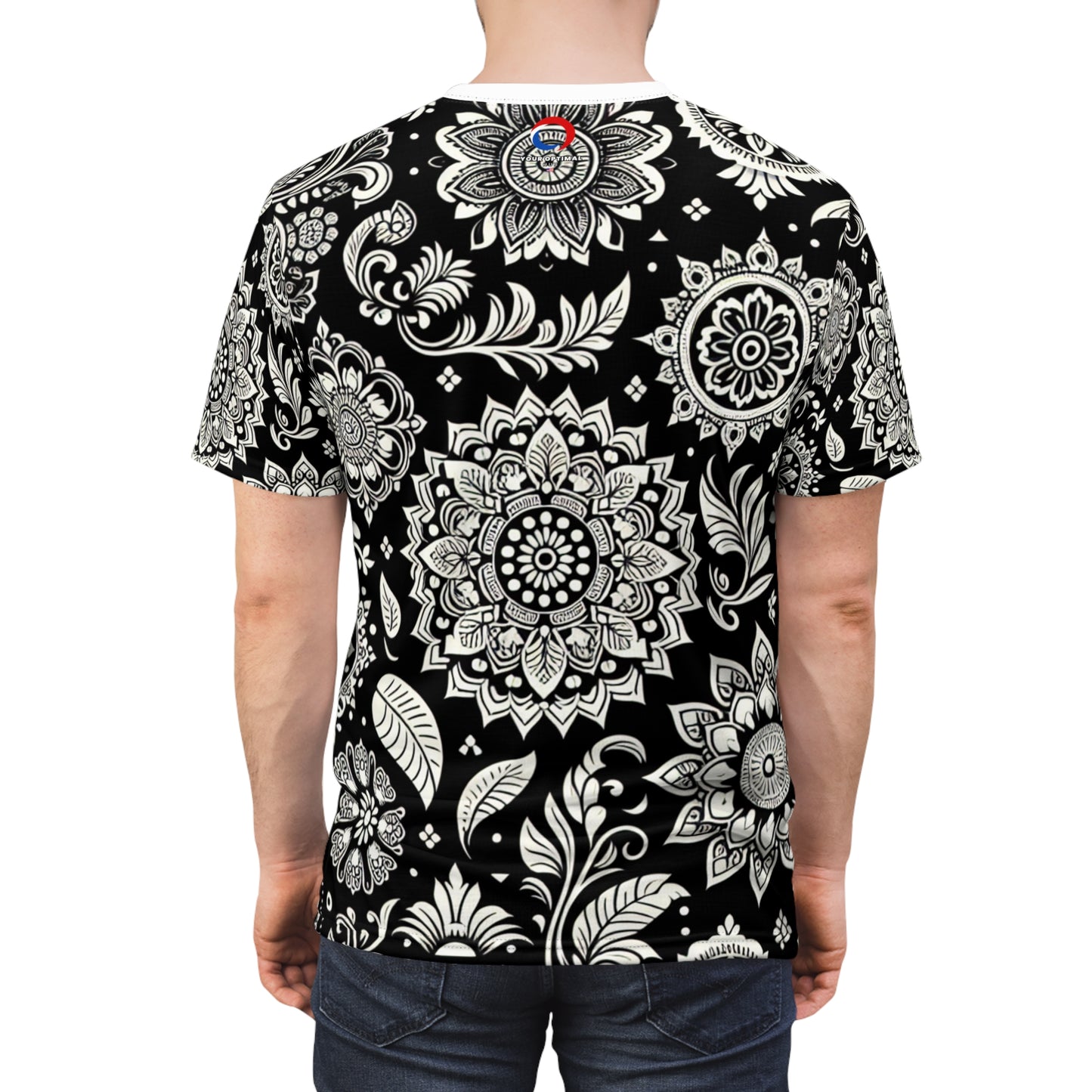 Traditional Indian Motif Scattered Design T-Shirt - Intricate Floral & Geometric Shapes on Black - Modern Seamless Pattern - Rich Indian Heritage Motifs Tee