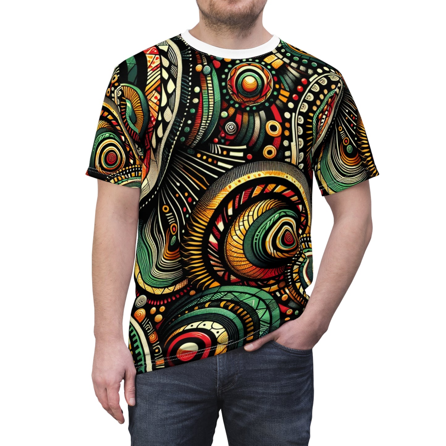 Afro-Rhythm Dance & Drum-Inspired Festive Celebration Tee in Bold Kaleidoscopic Design - African Tribal Pattern-Inspired Tee