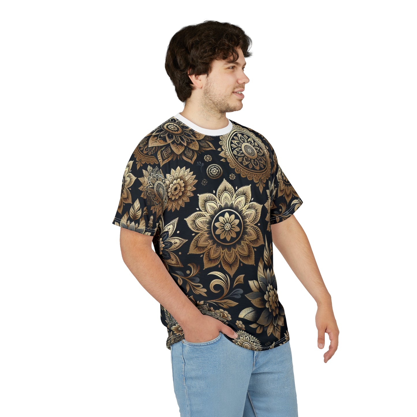 Gold on Black Indian Pattern Tee – Reflective Floral & Geometric Motif Design Shirt
