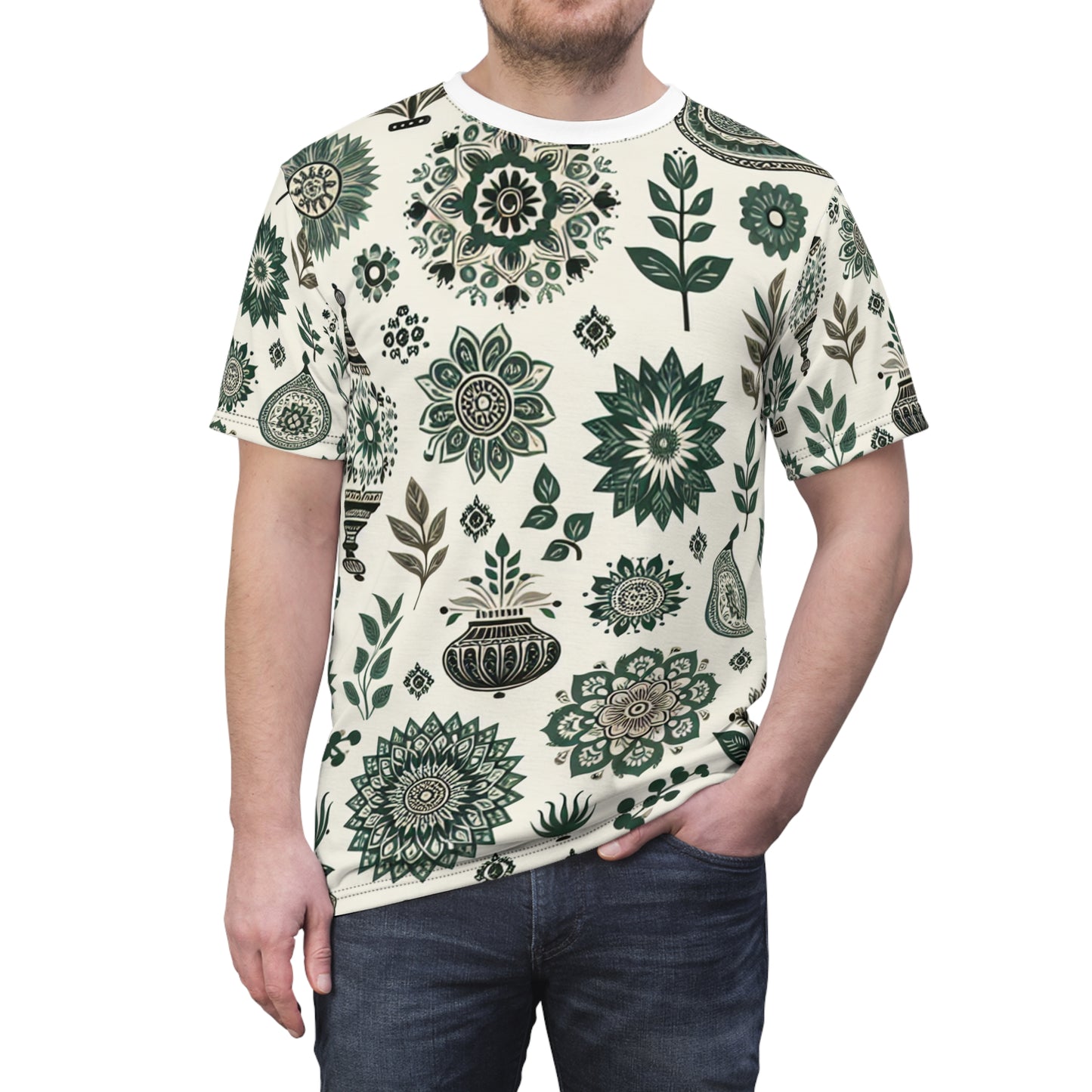 Classic Indian Heritage Motif Collection - Green & White Seamless Pattern T-Shirt - Traditional Floral & Geometric Shapes on Premium White Background