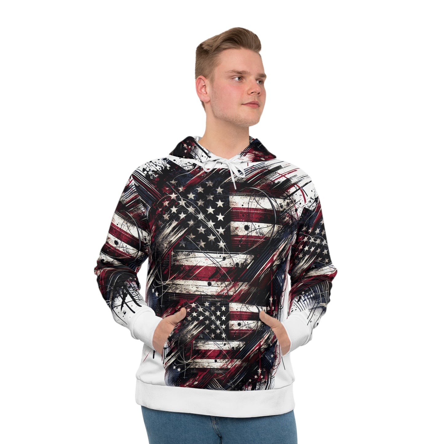 Urban Rebel American Flag Hoodie - Unleashed Streetwear Art, Weathered Patriotic Graffiti Design, Resilient Grunge Street Style