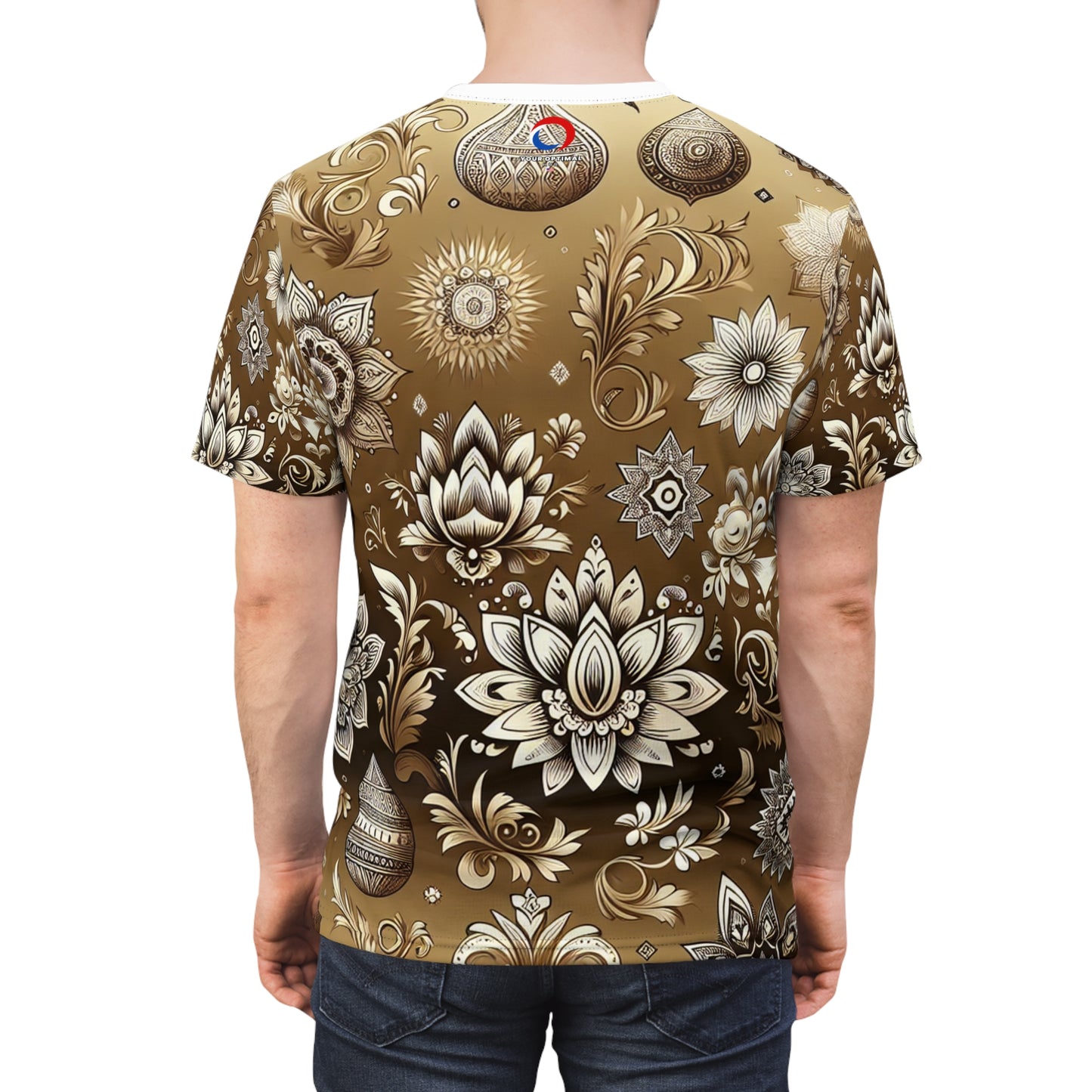 Traditional Indian Motifs Seamless Pattern T-shirt: Intricate Floral-Geometric White Designs on Shiny Gold - Modern & Rich Cultural Heritage Inspired Tee