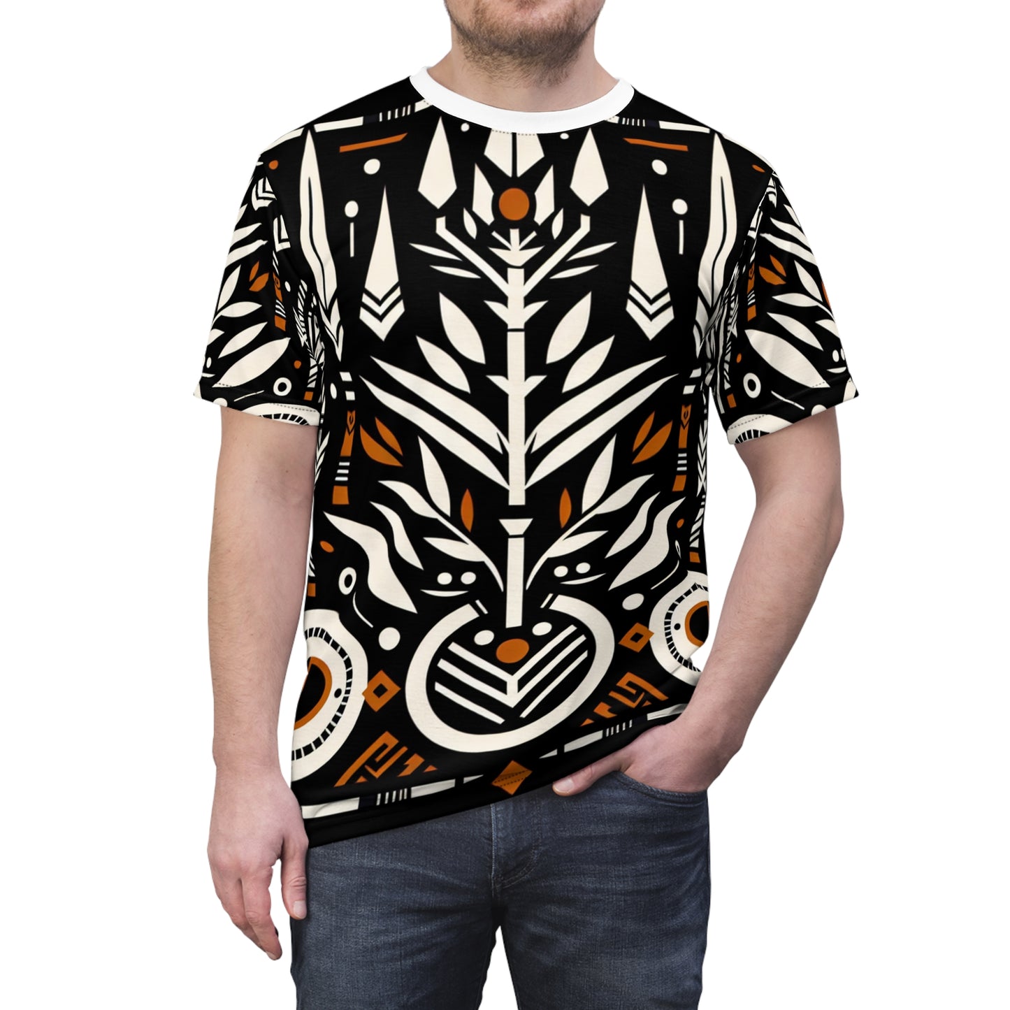 Bold African Artistry T-shirt: Monochrome, Orange Accents, Nature & Warfare Symbols - African Tribal Pattern-Inspired Tee