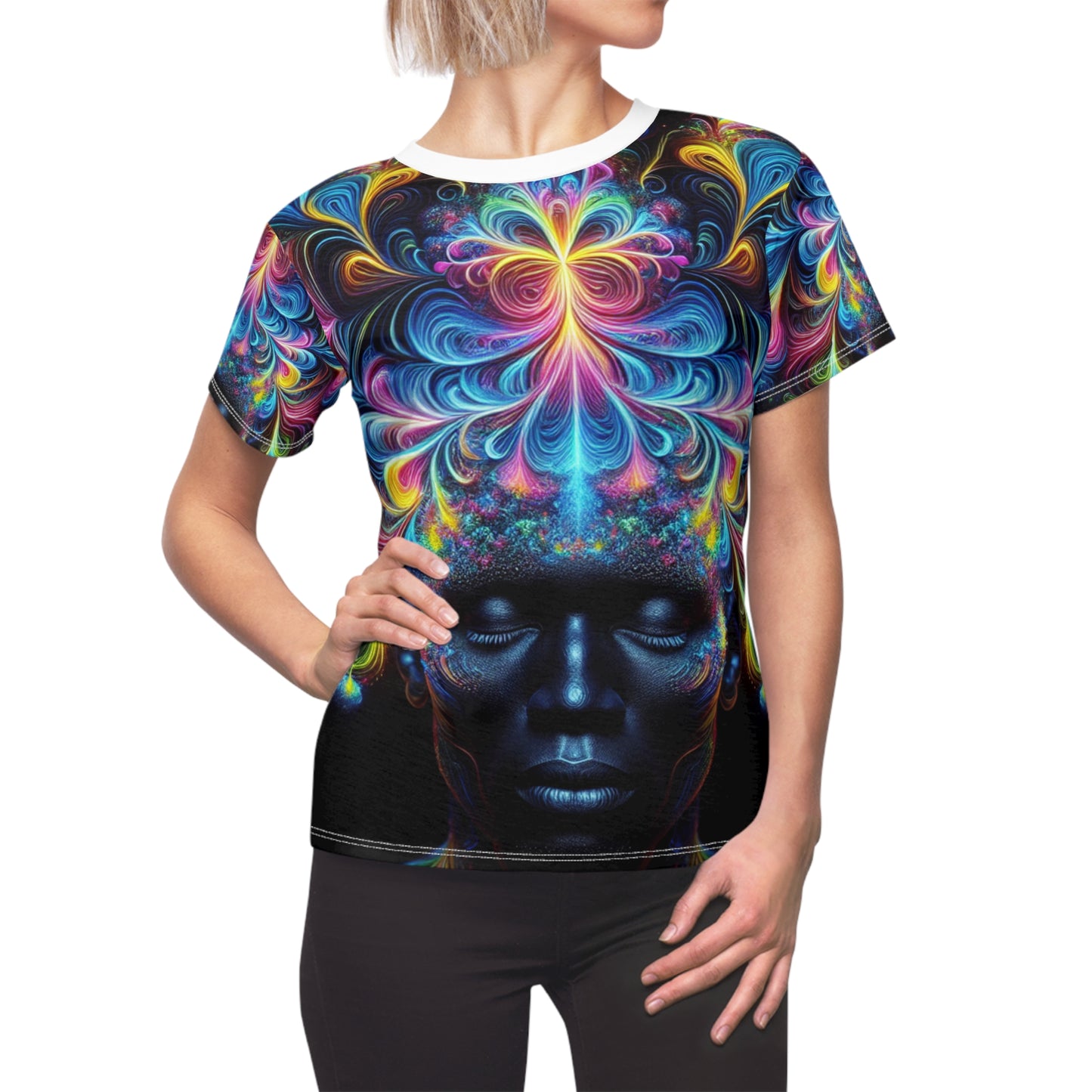 Psychedelic Serenity: Women's Neon Meditation Tee with Vibrant Energy Crown & Surreal Floral Motifs - Women's Trippy Tee