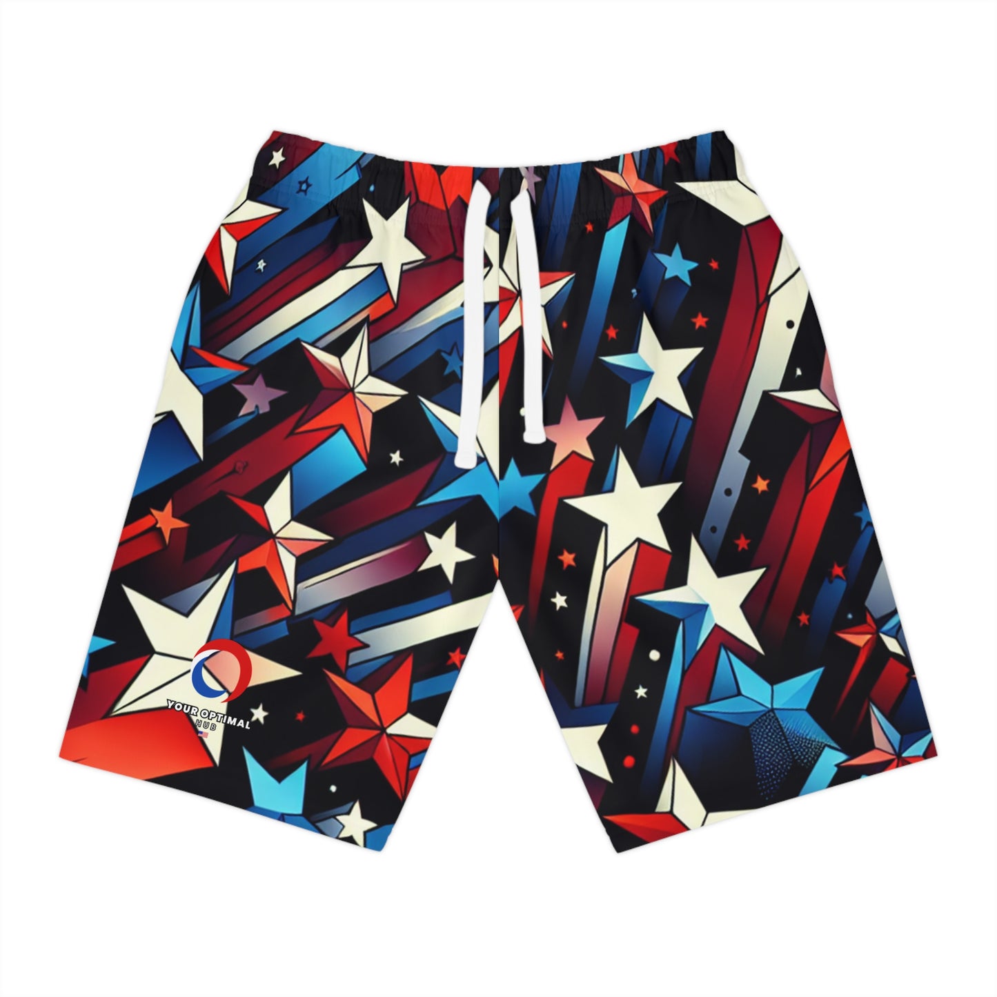 Festive 3D Starburst Shorts – Vibrant Red, White, & Blue – Patriotic Celebration Festival Wear - Patriotic Streetwear Shorts