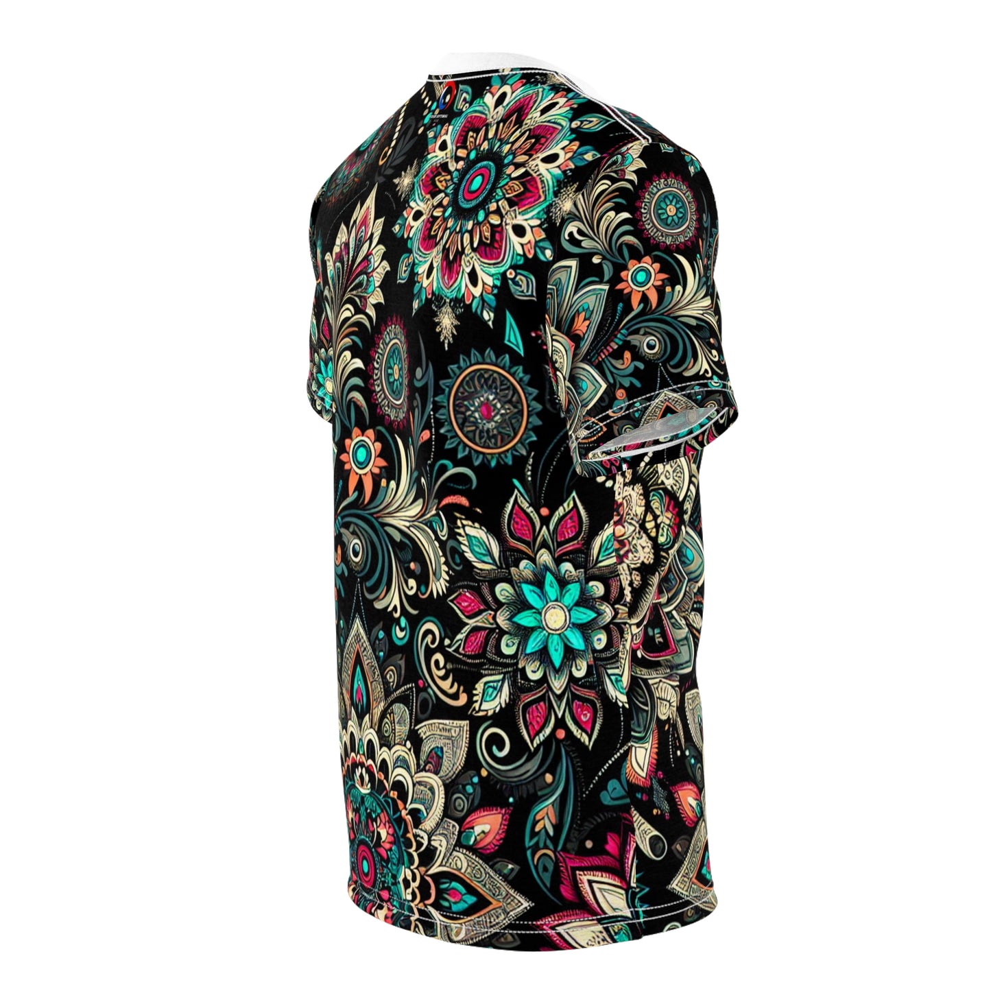 UV Reactive Traditional Indian Motifs T-Shirt - Scattered Radiating Bioluminescent Print on Black Background