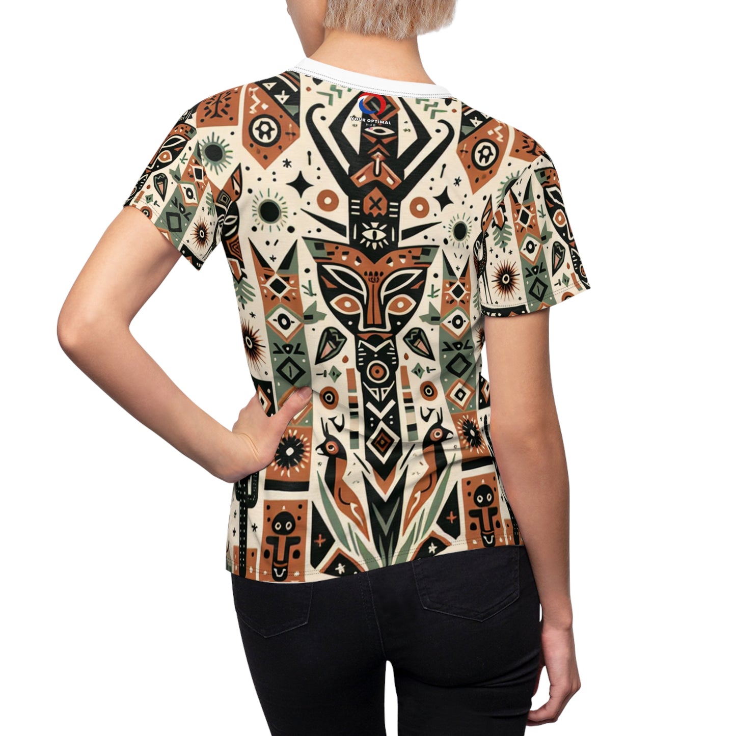 Women's Tribal Art T-Shirt: African-American Fusion, Symmetrical Nature Totem, Geometric Fauna & Flora, Earthy-tone Palette - African Tribal Pattern-Inspired