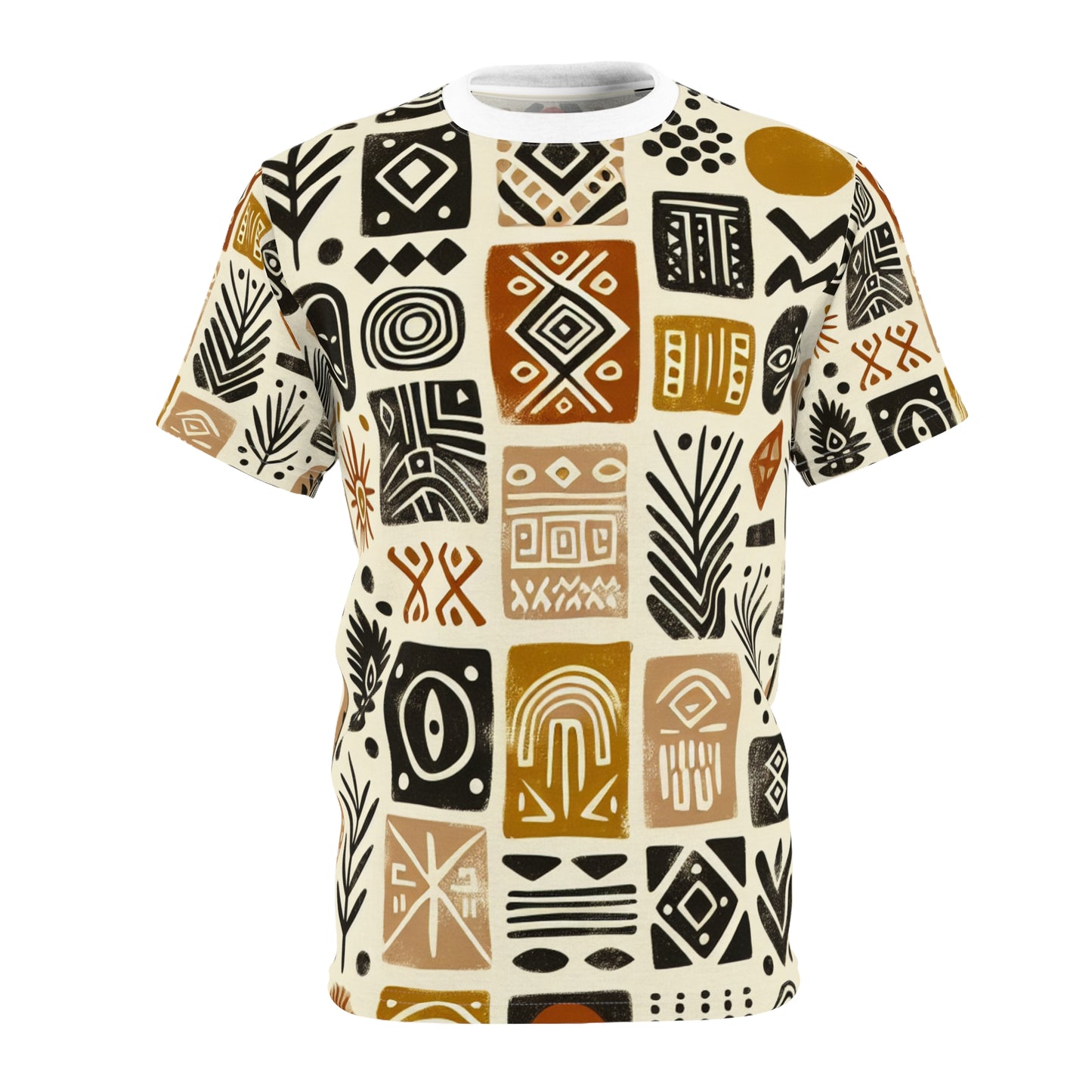 Hand-Stamped African Mud Cloth Inspired Tee, Organic Tribal Motif, Earthy-Tone Palette - African Tribal Pattern-Inspired