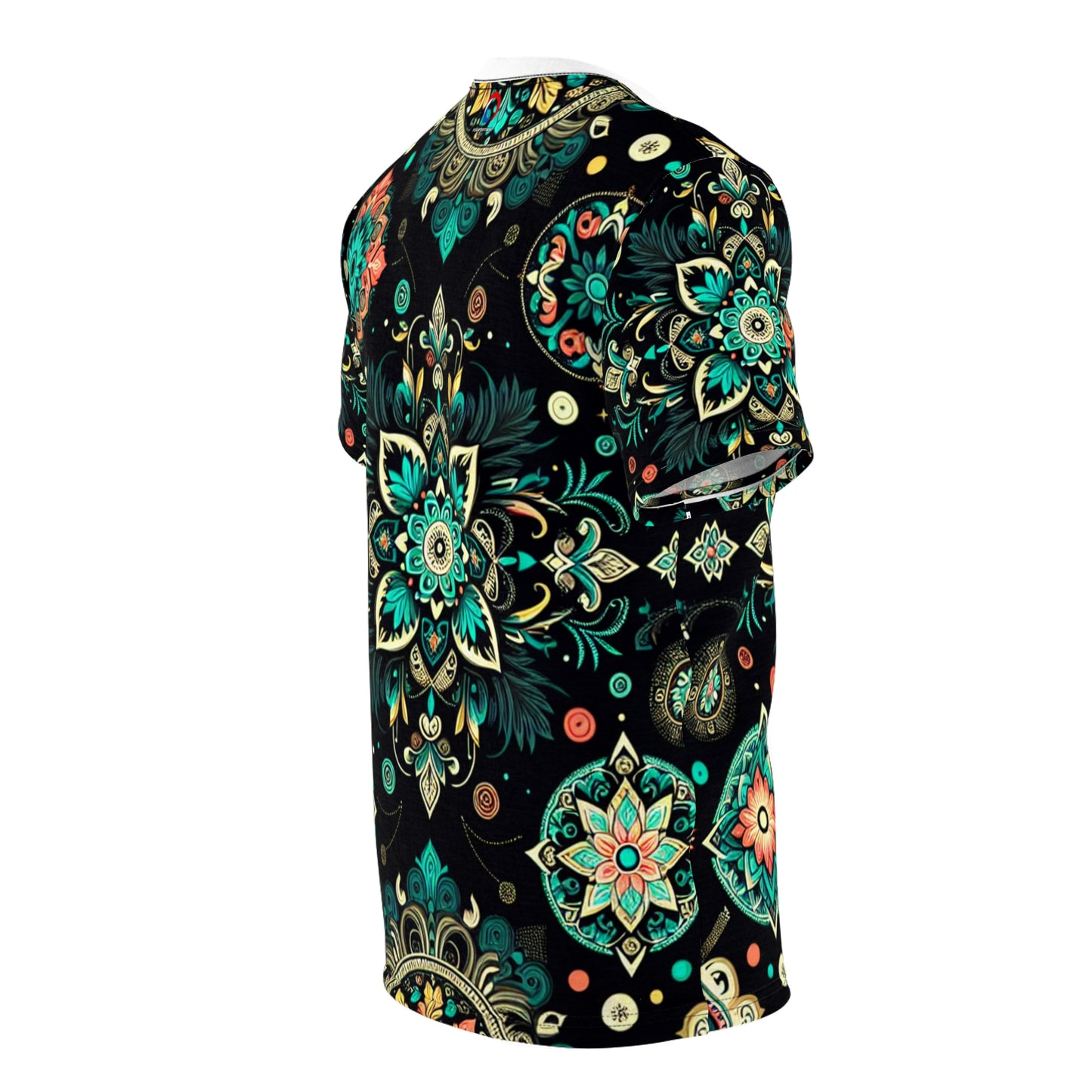 Neon UV Indian Motif Tee – Bioluminescent Floral & Geometric Glow Pattern on Black Shirt