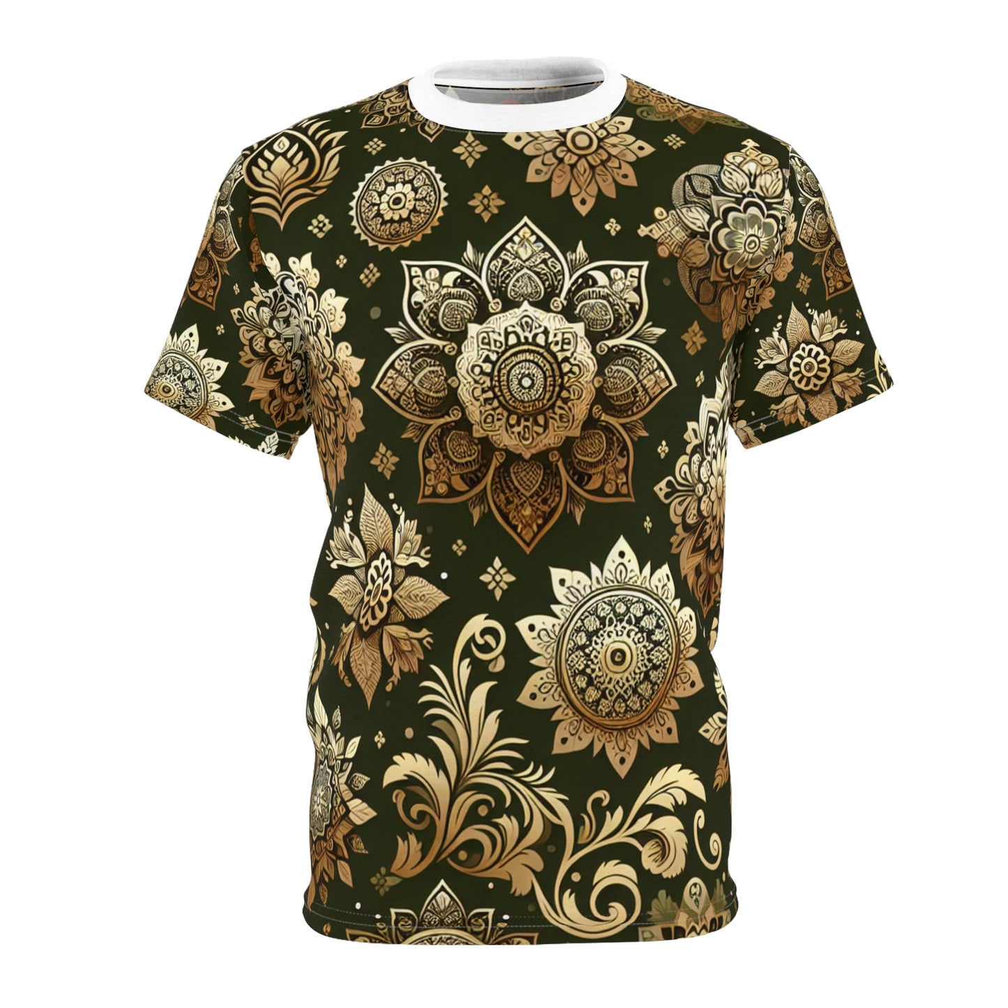 Gold Radiance Indian Motif T-Shirt: Seamless Traditional Pattern with Floral and Geometric Designs on Emerald Green - Traditional Indian Motifs Tee