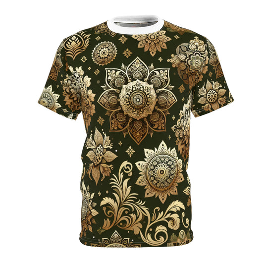 Gold Radiance Indian Motif T-Shirt: Seamless Traditional Pattern with Floral and Geometric Designs on Emerald Green - Traditional Indian Motifs Tee