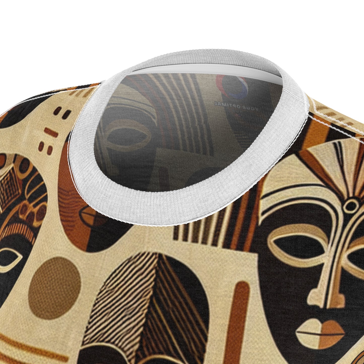 Elegant African Heritage Women's T-Shirt - Sophisticated Monochrome Mask Tapestry with Vivid Orange Accents - African Tribal Pattern-Inspired