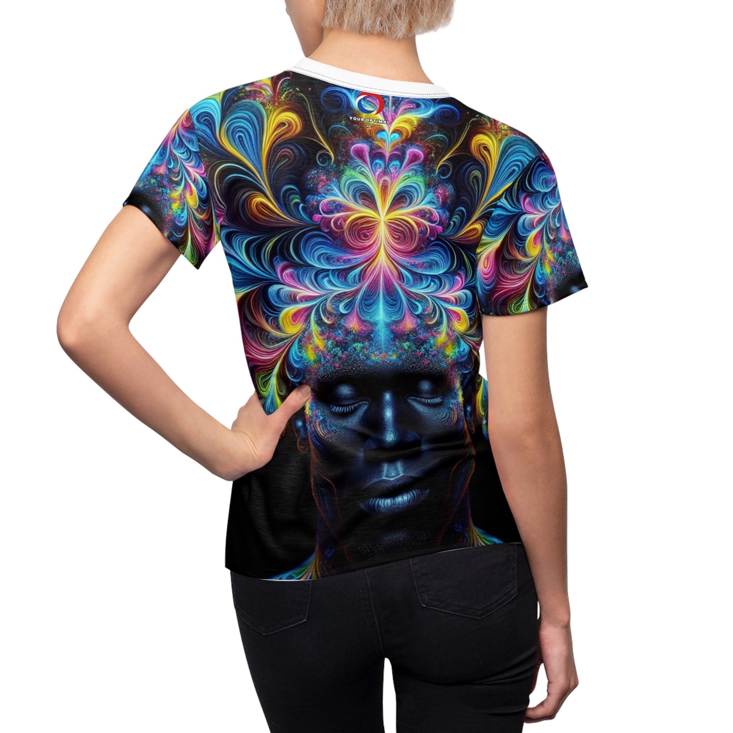 Psychedelic Serenity: Women's Neon Meditation Tee with Vibrant Energy Crown & Surreal Floral Motifs - Women's Trippy Tee