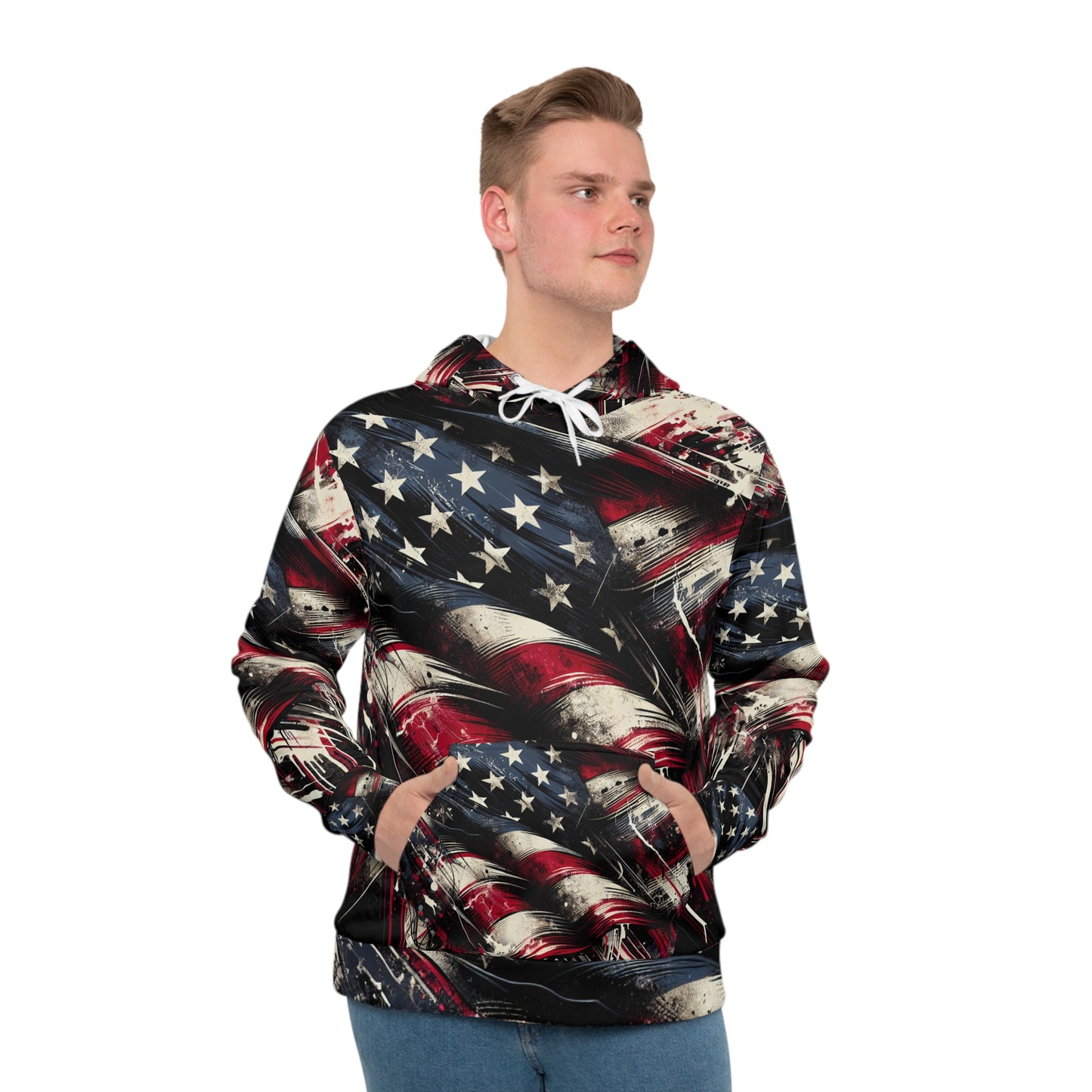 Intense Urban Patriotism: Grunge Streetwear Hoodie with Distressed Graffiti American Flag Artwork, Raw Energy Street Fashion