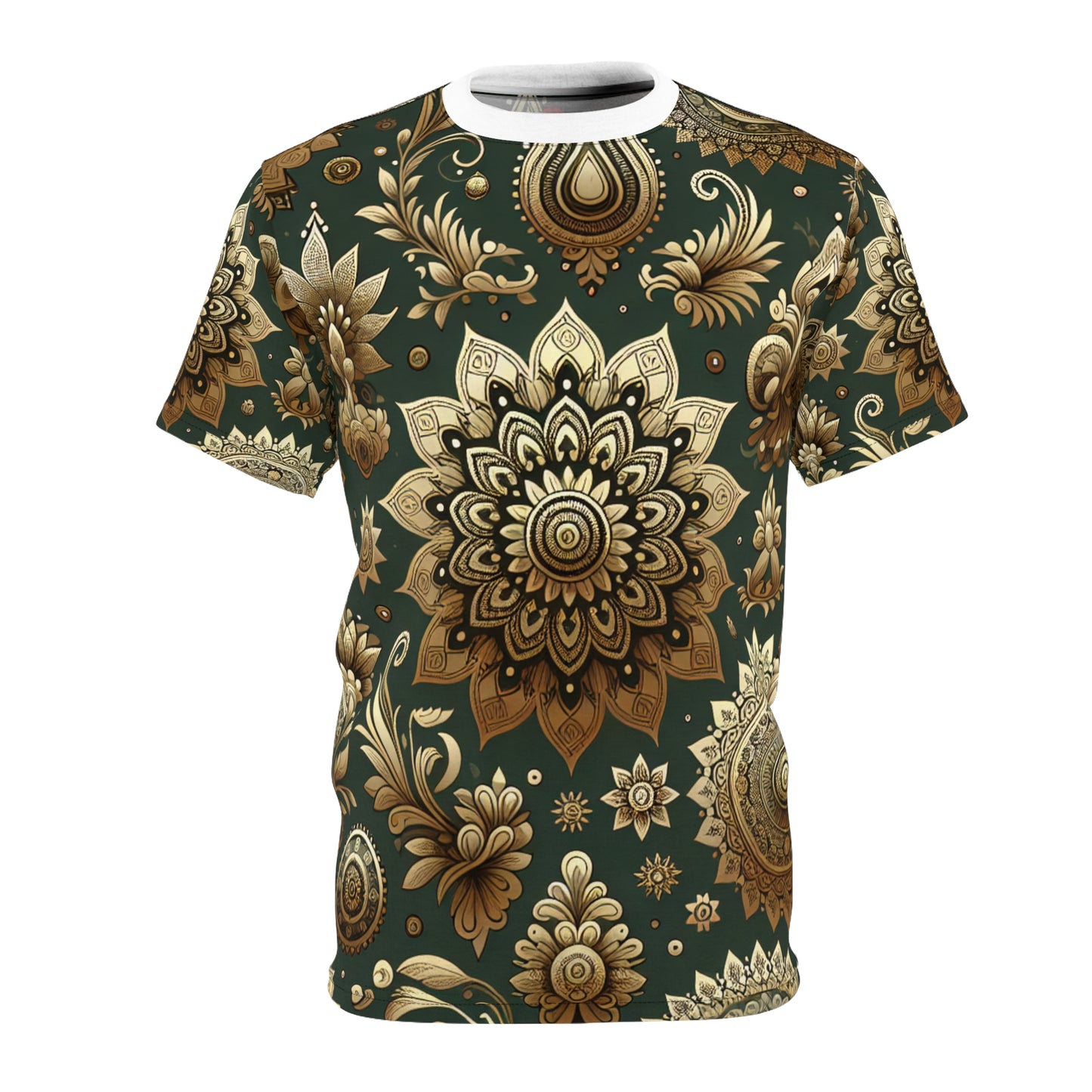 Traditional Indian Motifs Gold & Green Seamless Design T-Shirt - Geometric Floral Fashion with a Modern Minimalist Style - Indian Streetwear