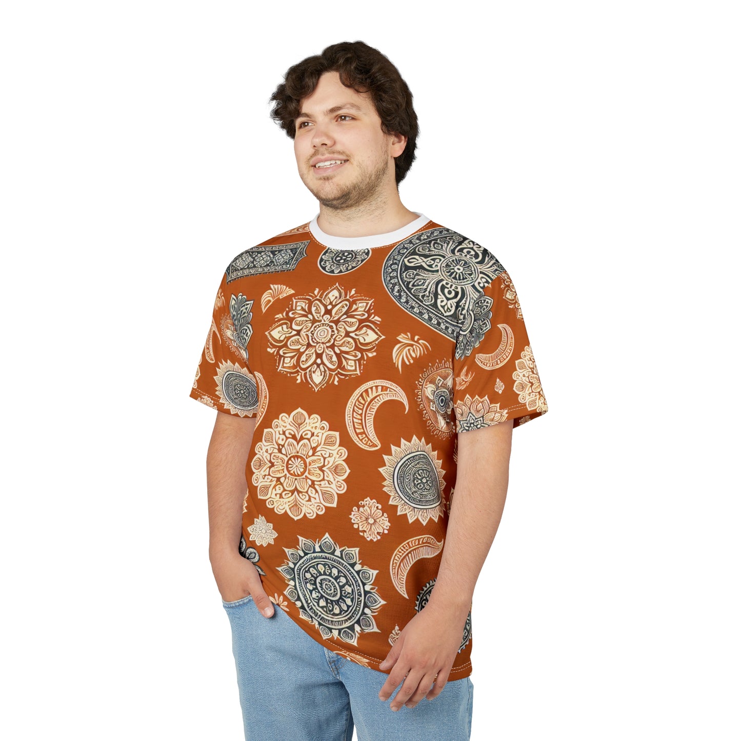 Orange Indian Motif T-Shirt – White Floral & Geometric Pattern, Minimal Ethnic Wallpaper Tee, Traditional India Design Apparel