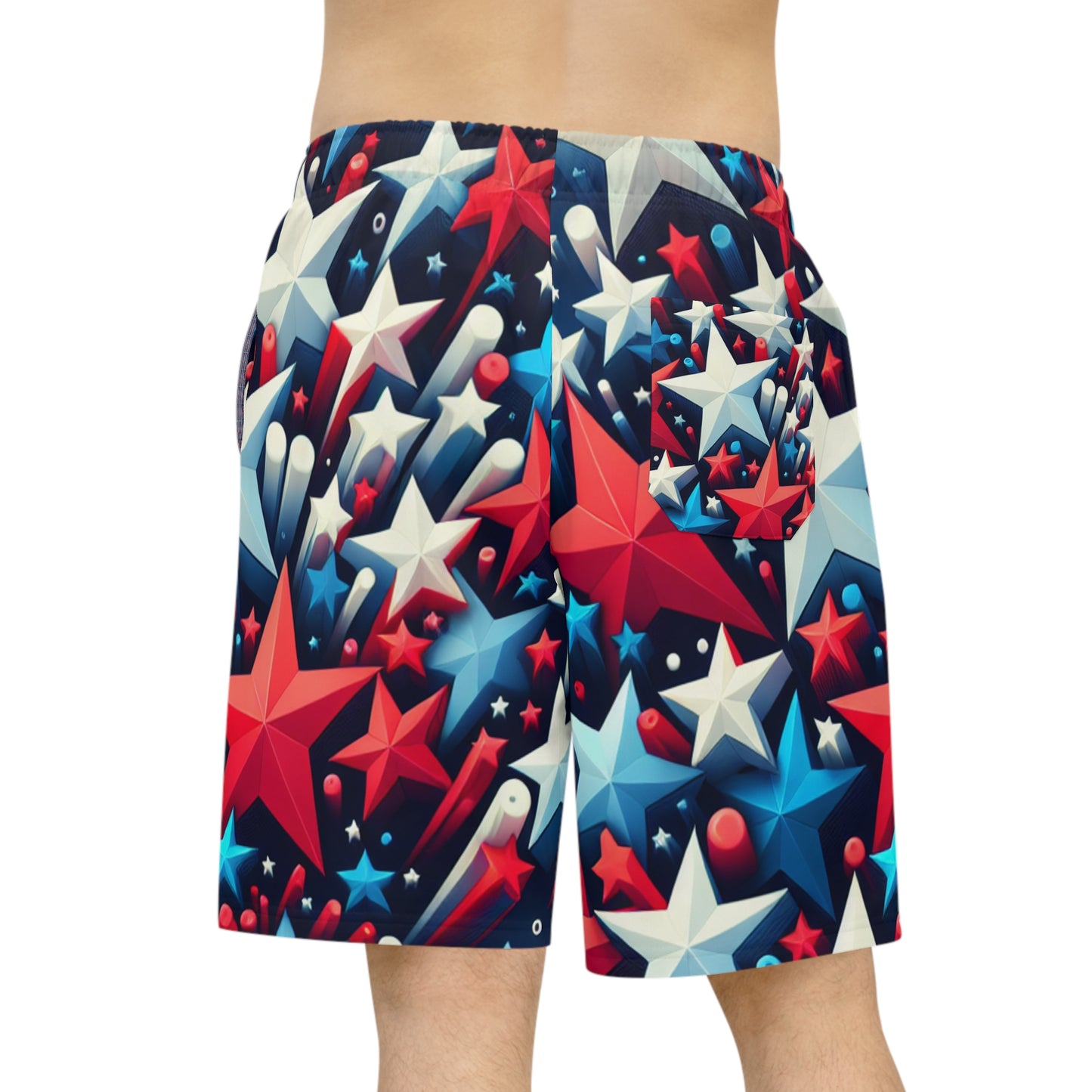 3D Patriotic Star Blast Shorts - Vibrant Red, White & Blue Star Scattering on Deep Blue Background - Patriotic Streetwear Shorts