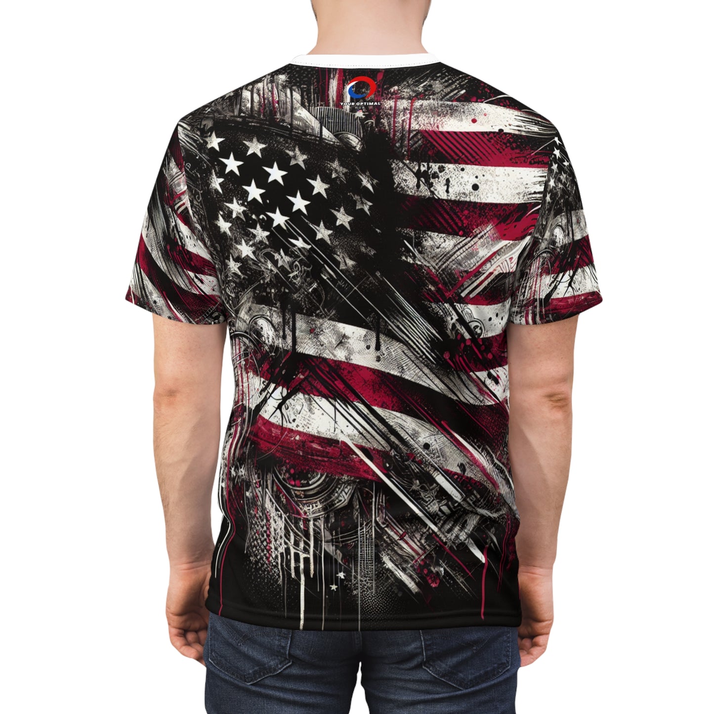 Grunge Patriotic Power: Weathered American Flag Streetwear T-shirt with Edgy Urban Graffiti Elements - Patriotic Streetwear Tee