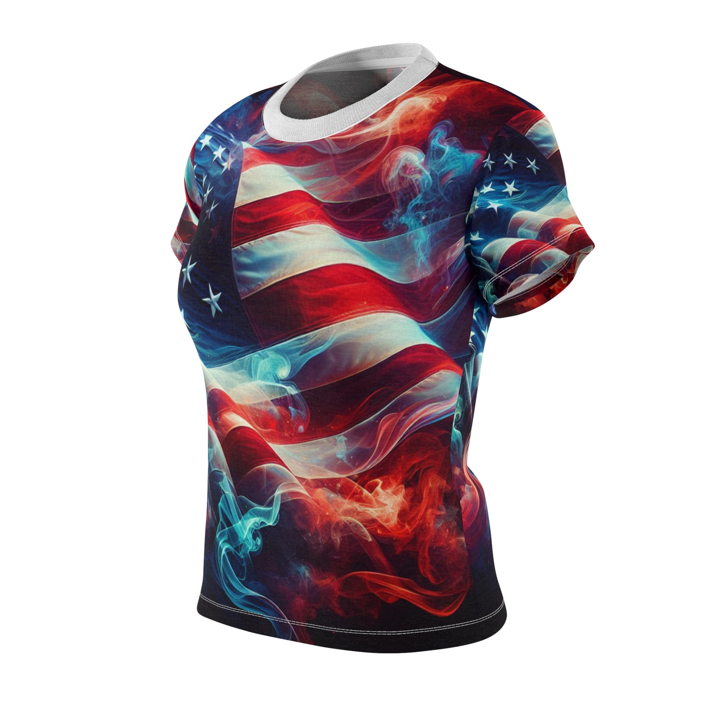 Mystic Smoke & Flag Women's T-shirt: Artful USA Pride in Transitioning Deep Red to Rich Blue - Patriotic Streetwear Tee